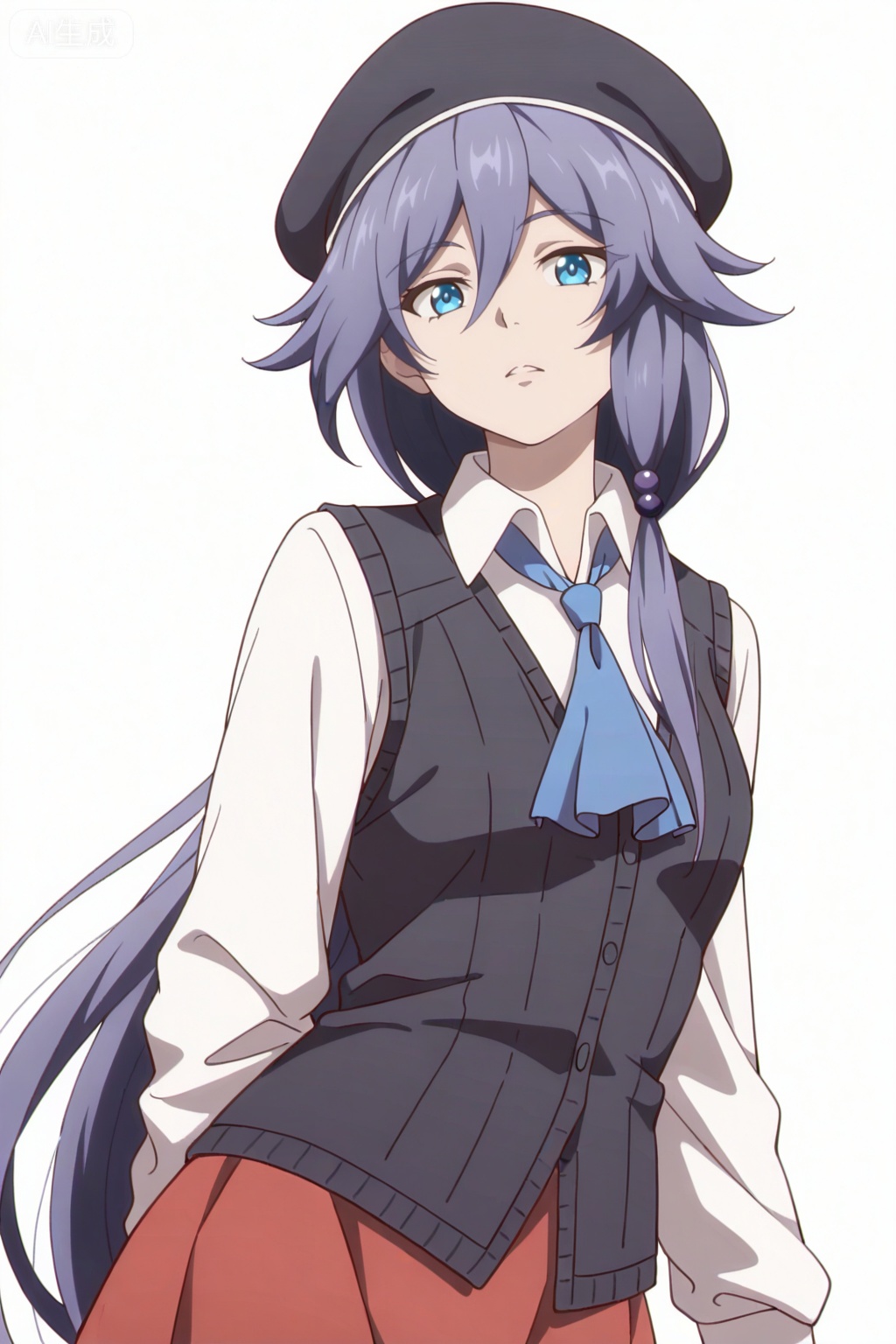 masterpiece, best quality,solo,((white background:1.2)),simple background,, 
looking at viewer,anime_style,fu_hua,blue eyes,grey hair,hair ornament,hair between eyes,shirt,white shirt,collared shirt,skirt,vest,blue necktie,hat,beret