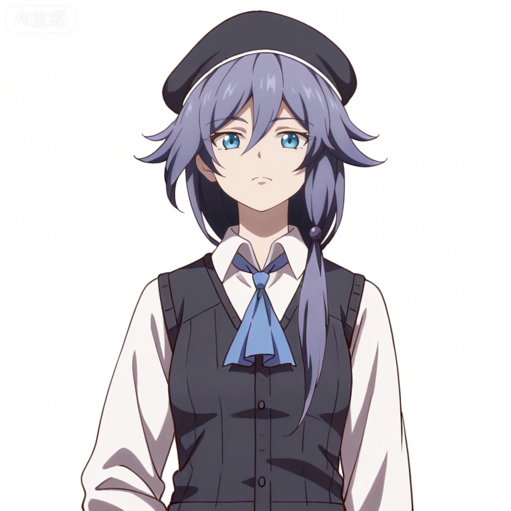 masterpiece, best quality,solo,((white background:1.2)),simple background,, 
looking at viewer,anime_style,fu_hua,blue eyes,grey hair,hair ornament,hair between eyes,shirt,white shirt,collared shirt,skirt,vest,blue necktie,hat,beret