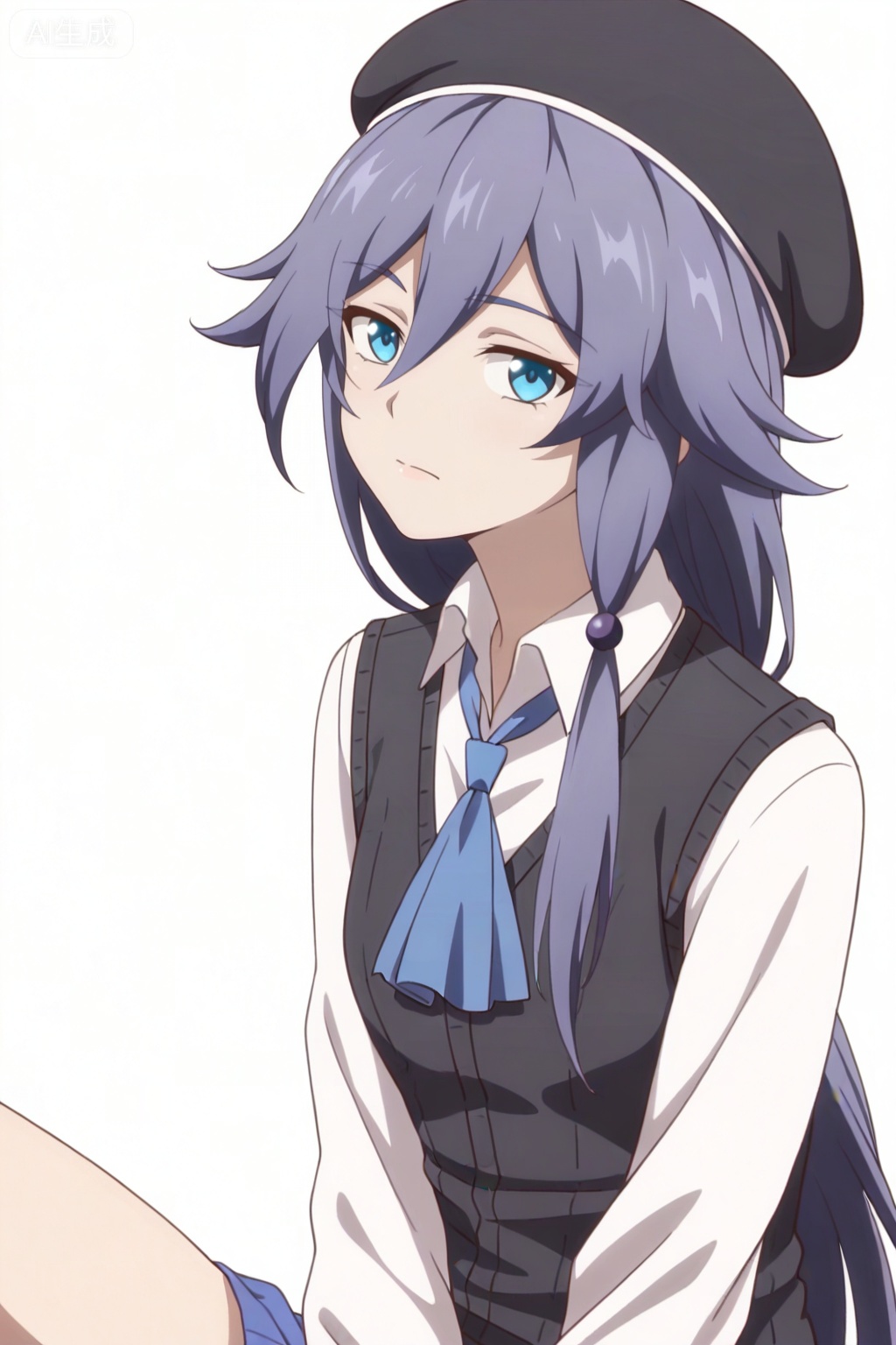 masterpiece, best quality,solo,((white background:1.2)),simple background,, 
looking at viewer,anime_style,fu_hua,blue eyes,grey hair,hair ornament,hair between eyes,shirt,white shirt,collared shirt,skirt,vest,blue necktie,hat,beret