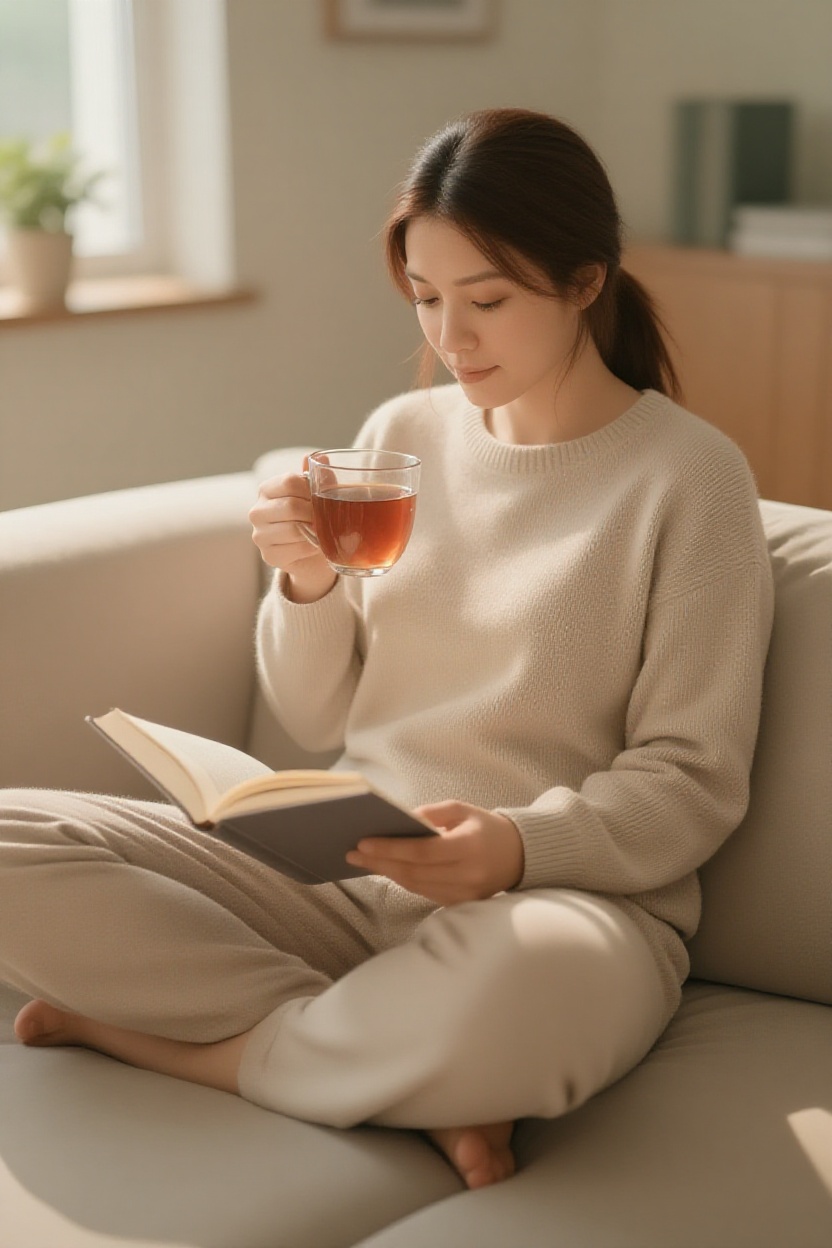 Photorealistic full-body shot of Ais,  seated comfortably on a plush sofa in a sunlit,  modern minimalist living room. She...