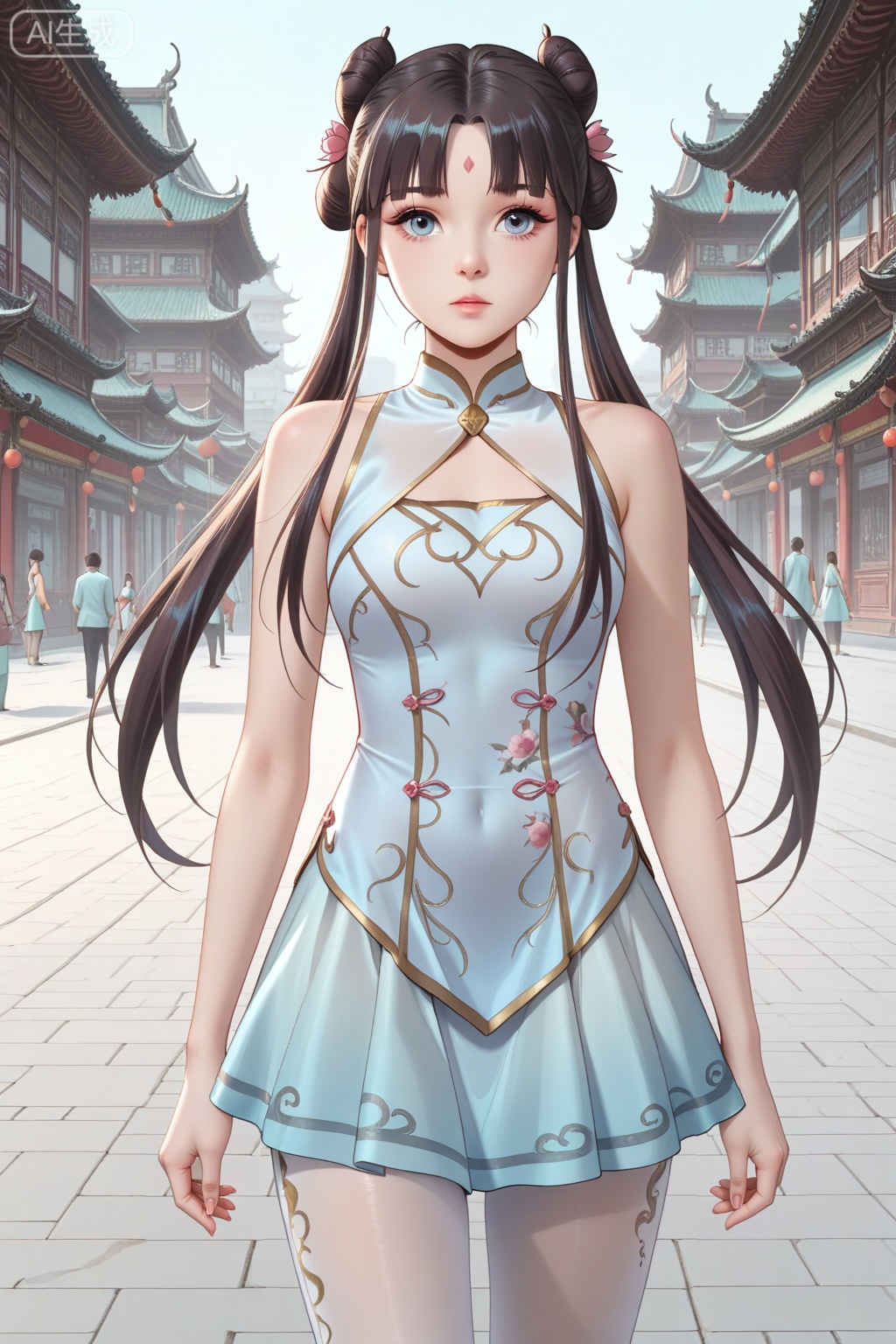 
Random scene,Random scene,
upper body,looking at viewer,
顾仙儿,masterpiece,best quality,official art,extremely detailed CG unity 8k wallpaper,1girl, solo, long hair, black hair, twintails, long hair, hair bun, bangs, sidelocks, double bun, blue eyes,chinese dress, forehead mark, skirt, bare shoulders, white pantyhose, sleeveless, hair flower, hair ornament,