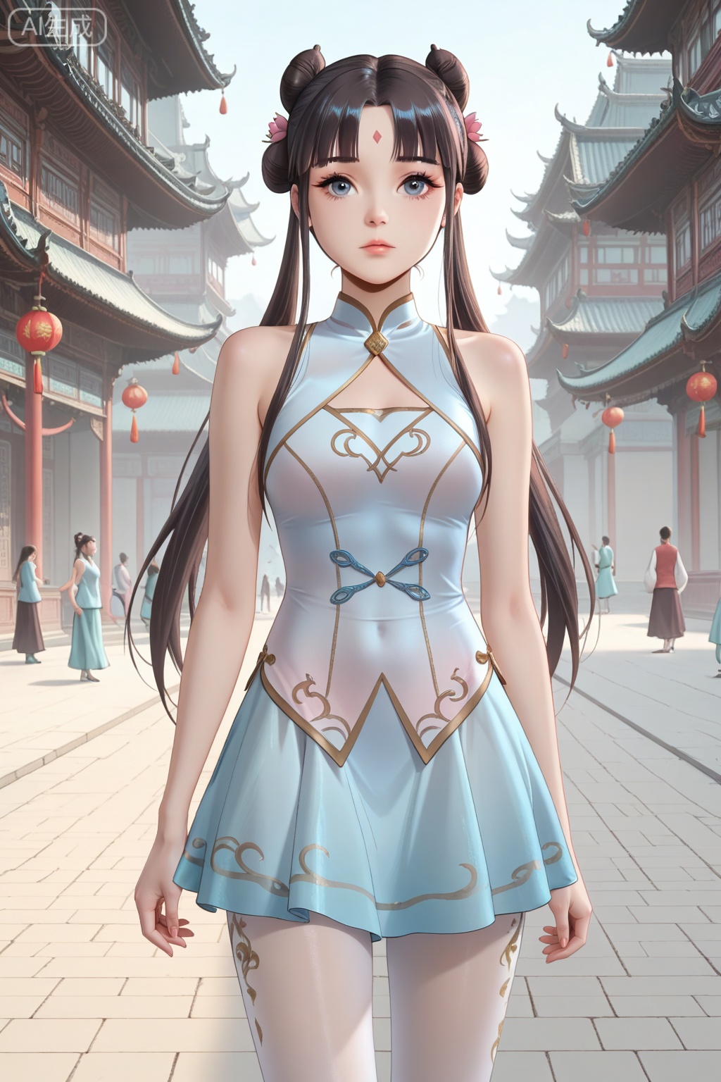 
Random scene,Random scene,
upper body,looking at viewer,
顾仙儿,masterpiece,best quality,official art,extremely detailed CG unity 8k wallpaper,1girl, solo, long hair, black hair, twintails, long hair, hair bun, bangs, sidelocks, double bun, blue eyes,chinese dress, forehead mark, skirt, bare shoulders, white pantyhose, sleeveless, hair flower, hair ornament,