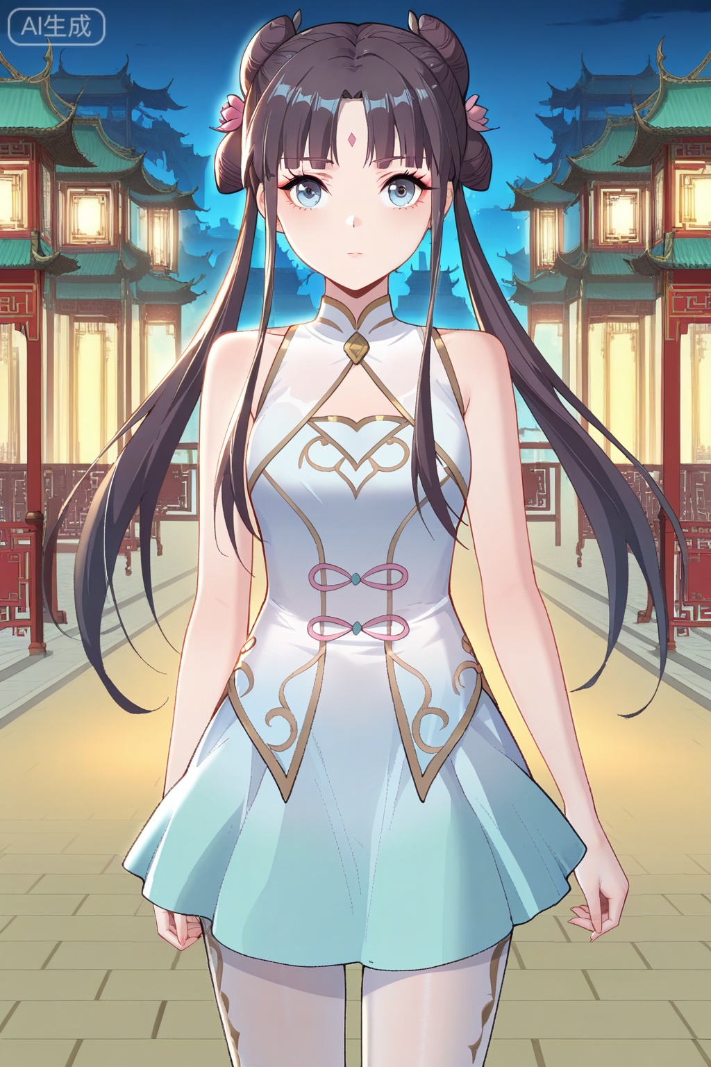 
Random scene,Random scene,
upper body,looking at viewer,
顾仙儿,masterpiece,best quality,official art,extremely detailed CG unity 8k wallpaper,1girl, solo, long hair, black hair, twintails, long hair, hair bun, bangs, sidelocks, double bun, blue eyes,chinese dress, forehead mark, skirt, bare shoulders, white pantyhose, sleeveless, hair flower, hair ornament,