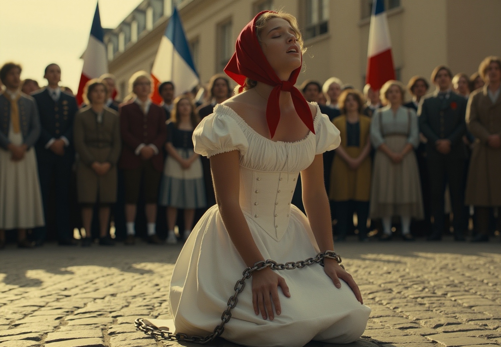 The image presents a captivating and emotionally charged scene,  reminiscent of a still from a historical drama or a power...