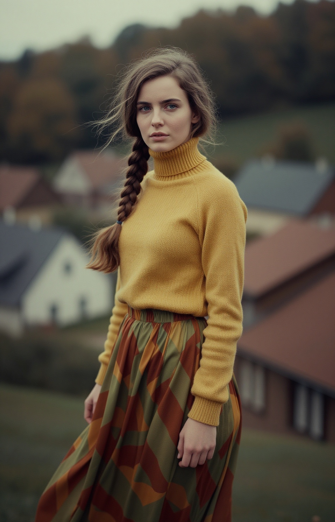 This photograph captures a captivating portrait of a young woman,  shot with a nostalgic aesthetic reminiscent of 1970s an...