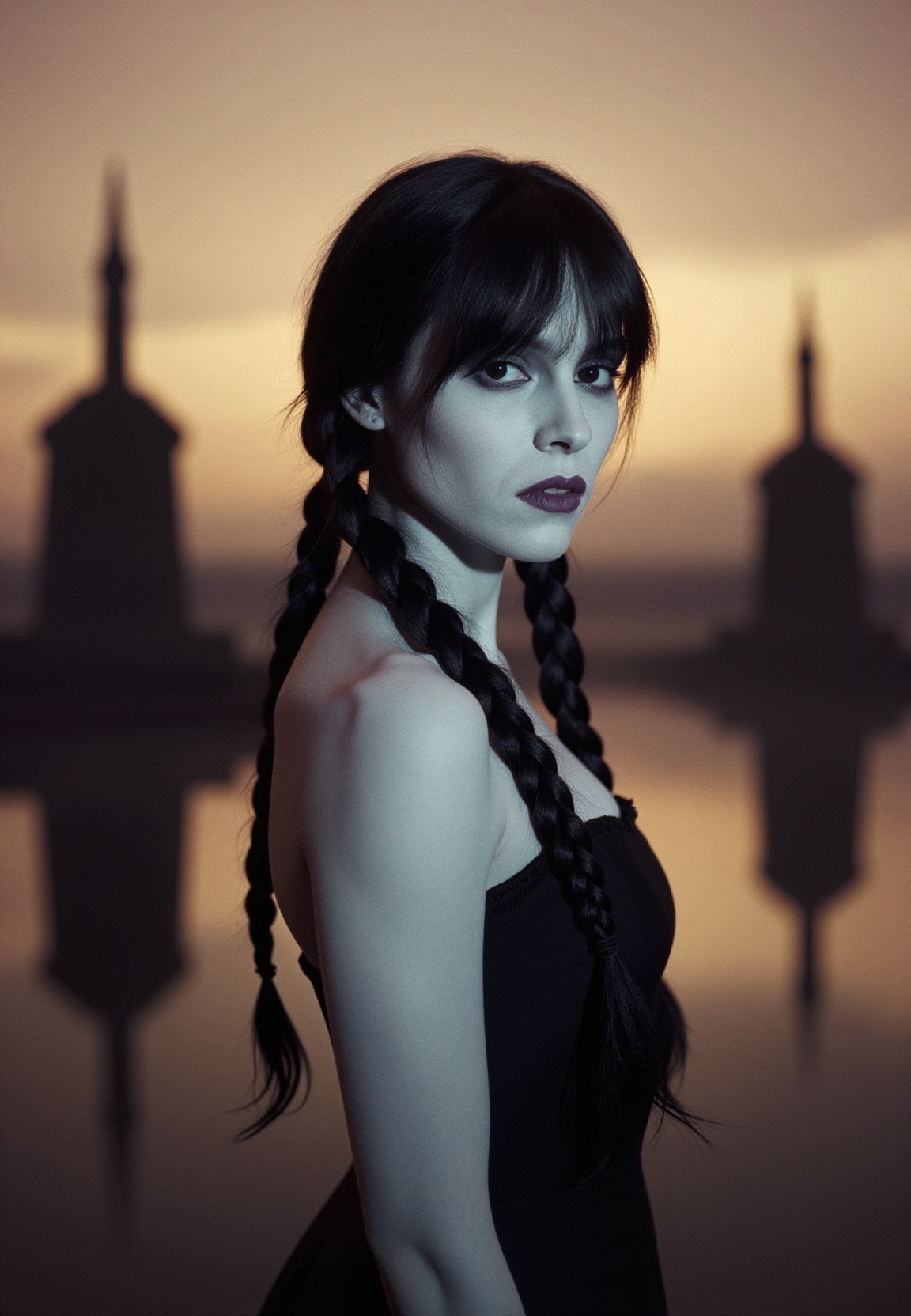 The scene unfolds with Wednesday Addams,  her raven-black hair cascading down her back like a waterfall of night,  its sle...