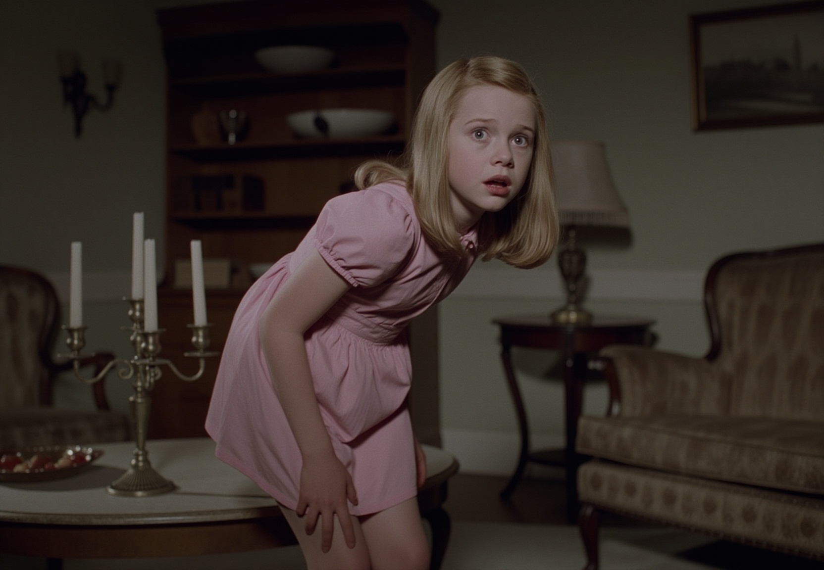 The photograph presents a jarring and unsettling scene,  reminiscent of analog horror imagery from the 1970s. The image fe...