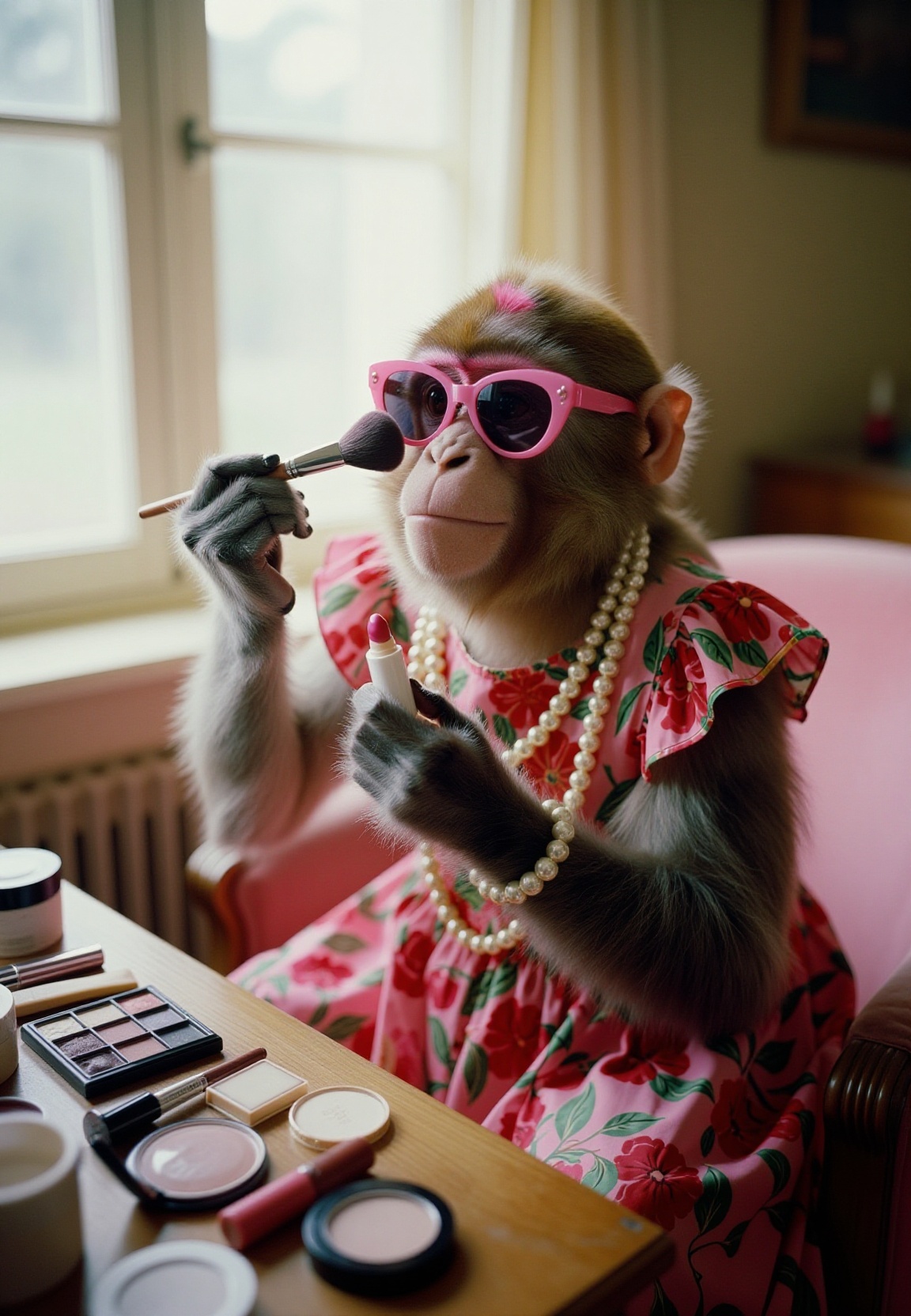 This surreal analogue photograph,  reminiscent of 1970s style,  captures a monkey dressed in a vibrant floral dress and ac...