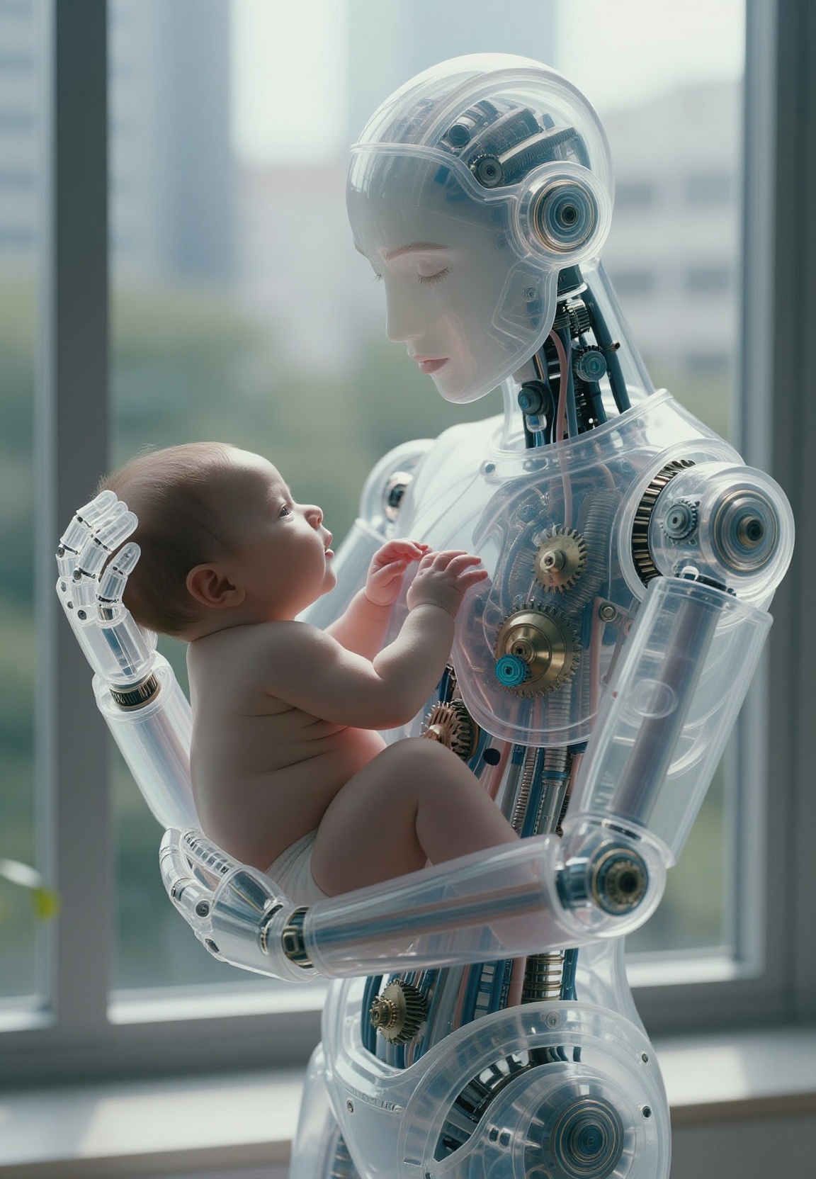 This surreal photograph presents a captivating scene of a humanoid robot cradling a human infant,  blurring the lines betw...