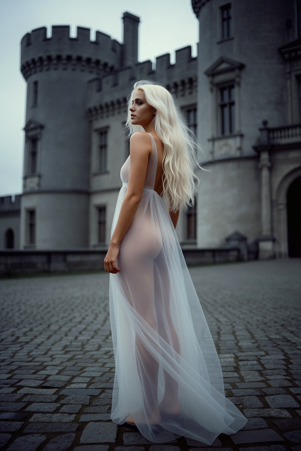 The grainy,  analog photograph captures a hauntingly surreal scene,  reminiscent of the quintessential French New Wave cin...