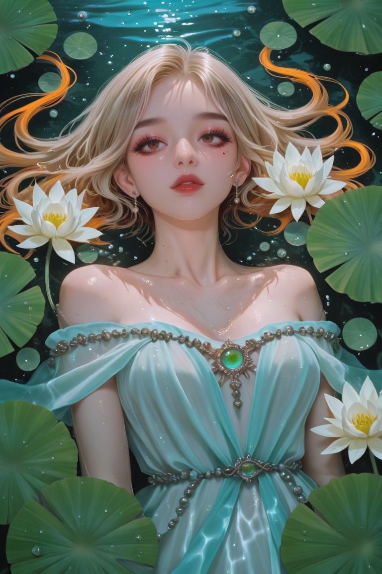 A young woman floats supine in still water,  surrounded by large green lily pads and blooming white water lilies. Her curl...