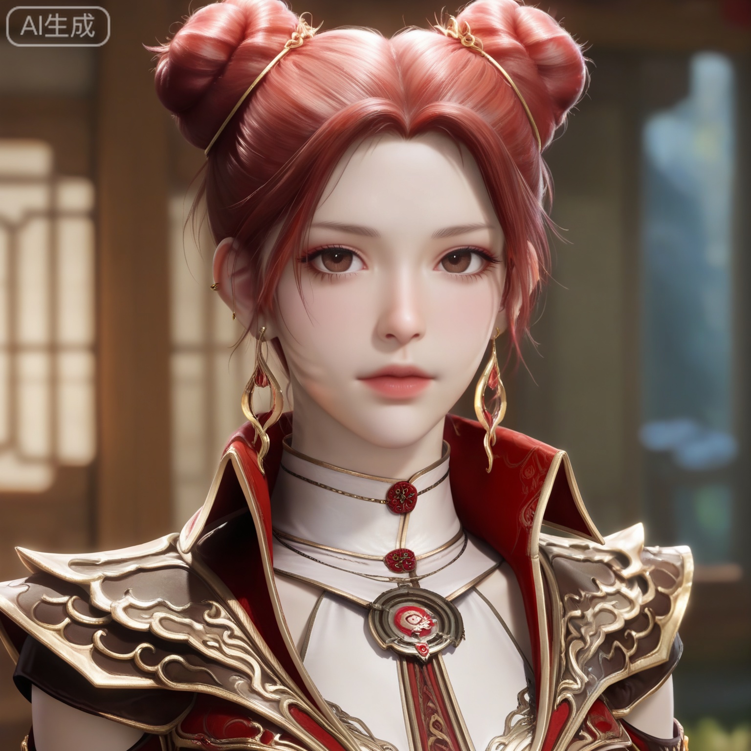 lvjing,
masterpiece,high quality,tall,game cg,highres,(soft light:1.2),white_skin,(realistic:1.1),maxiaotao,1girl,hair bun,double bun,solo,looking at viewer,jewelry,earrings,brown eyes,blurry background,red hair,blurry,upper body,high collar,