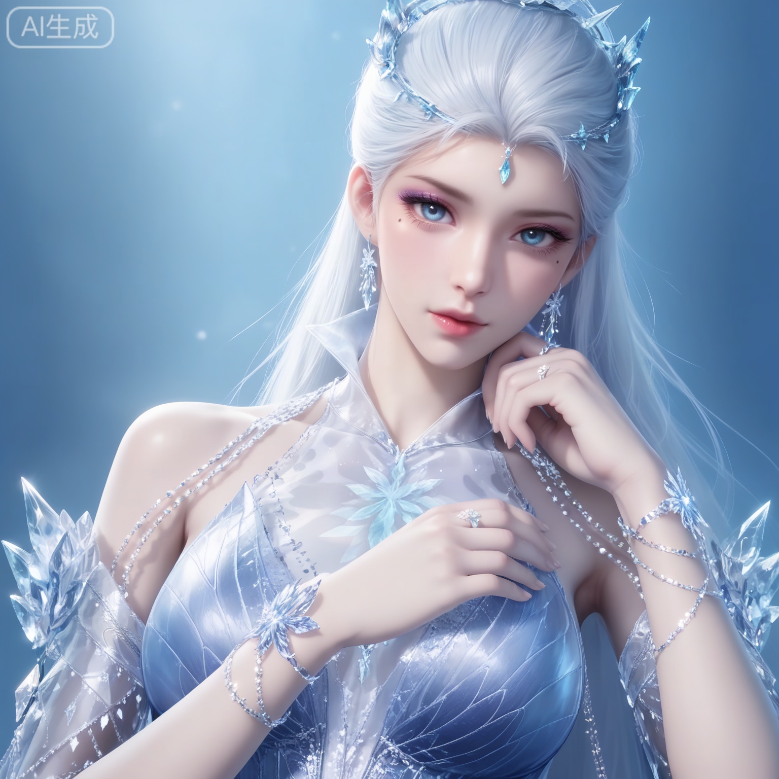 lvjing,
masterpiece,high quality,tall,game cg,highres,(soft light:1.2),white_skin,(realistic:1.1),1girl,solo,jewelry,long hair,blue eyes,blue dress,looking at viewer,earrings,dress,upper body,breasts,white hair,blue background,mole,bare shoulders,gem,tiara,bracelet,mole under eye,ice,hair ornament,crystal,ring,makeup,long face,xuedi