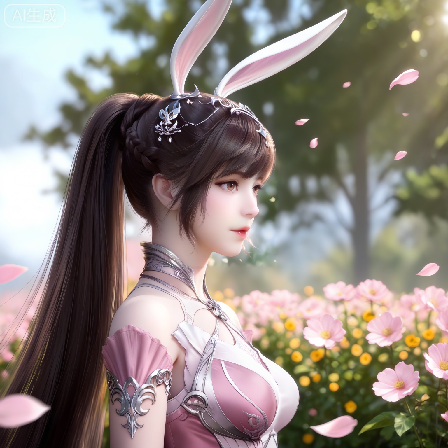 lvjing,
masterpiece,high quality,tall,game cg,highres,(soft light:1.2),white_skin,(realistic:1.1),animal ears,rabbit ears,long hair,ponytail,brown eyes,metal collar,brown hair,1girl,collar,hair ornament,dress,solo,pink dress, day,flowers,petals,wind,outdoor,from_side,upper body,