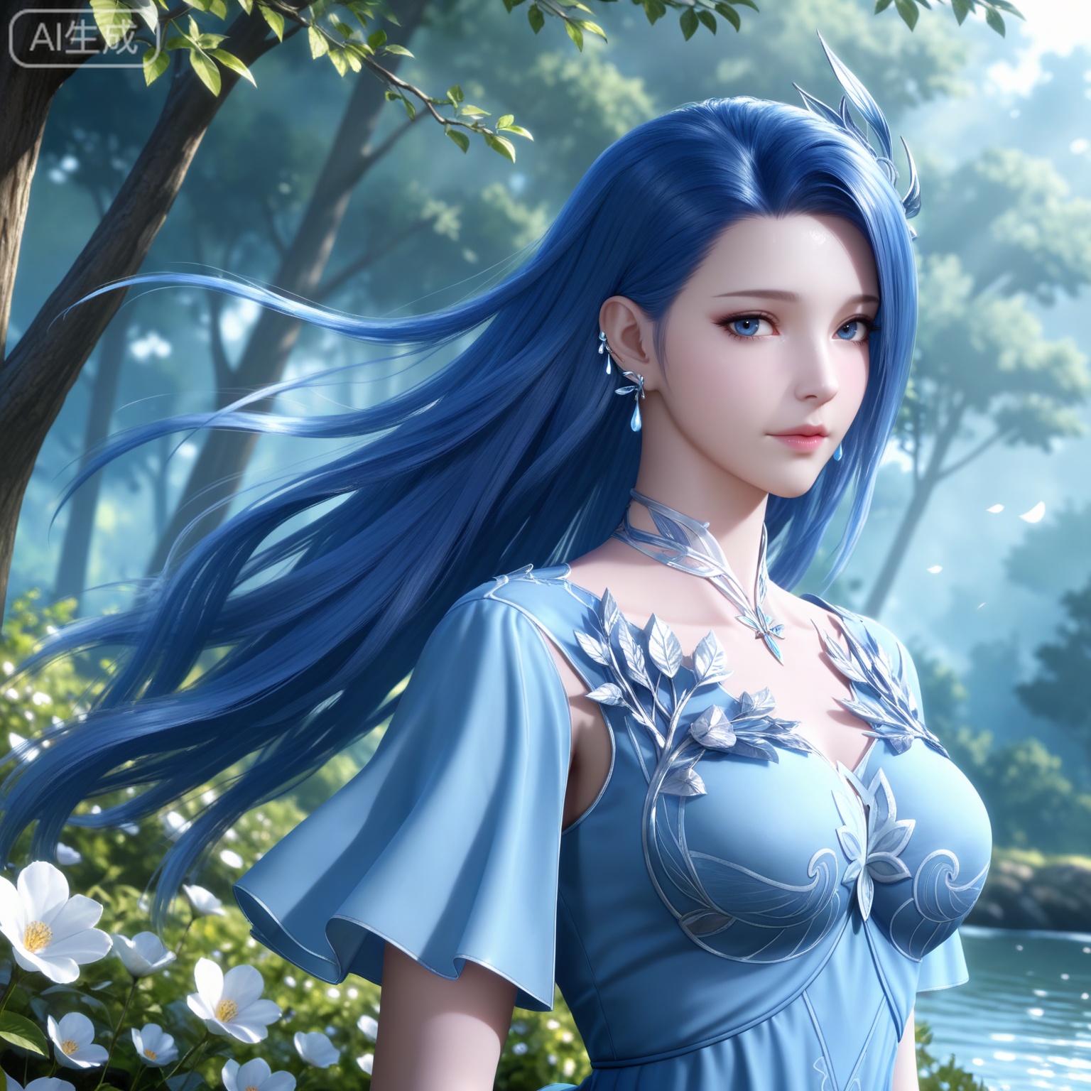 lvjing,
masterpiece,high quality,tall,game cg,highres,(soft light:1.2),white_skin,(shiny_skin:0.6),(realistic:1.1),,ayin,long hair,jewelry,earrings,hair ornament,blue hair,blue eyes,blue dress,nature,water,tree,flowers,wind,looking_at_viewer,upper body,








