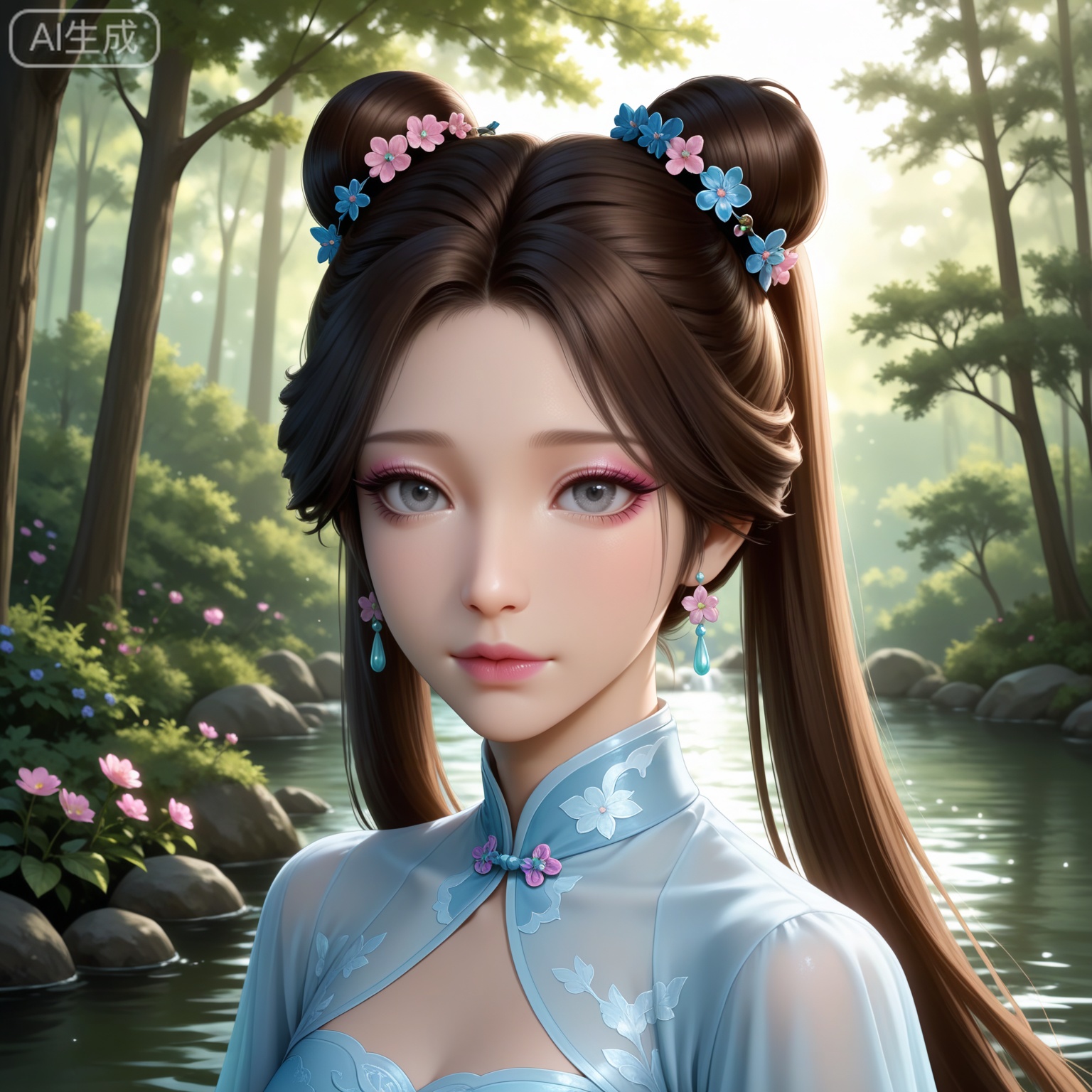 lvjing,
masterpiece,high quality,tall,game cg,highres,(soft light:1.2),white_skin,(realistic:1.1), meining,jewelry,hair flower,brown hair,hair ornament,lips,long hair,hair bun,double bun,twintails,grey eyes,eyelashes,forehead,longeyelashes,makeup,light pink lipstick, blue dress,nature,water,tree,flowers,wind,looking_at_viewer,upper body,