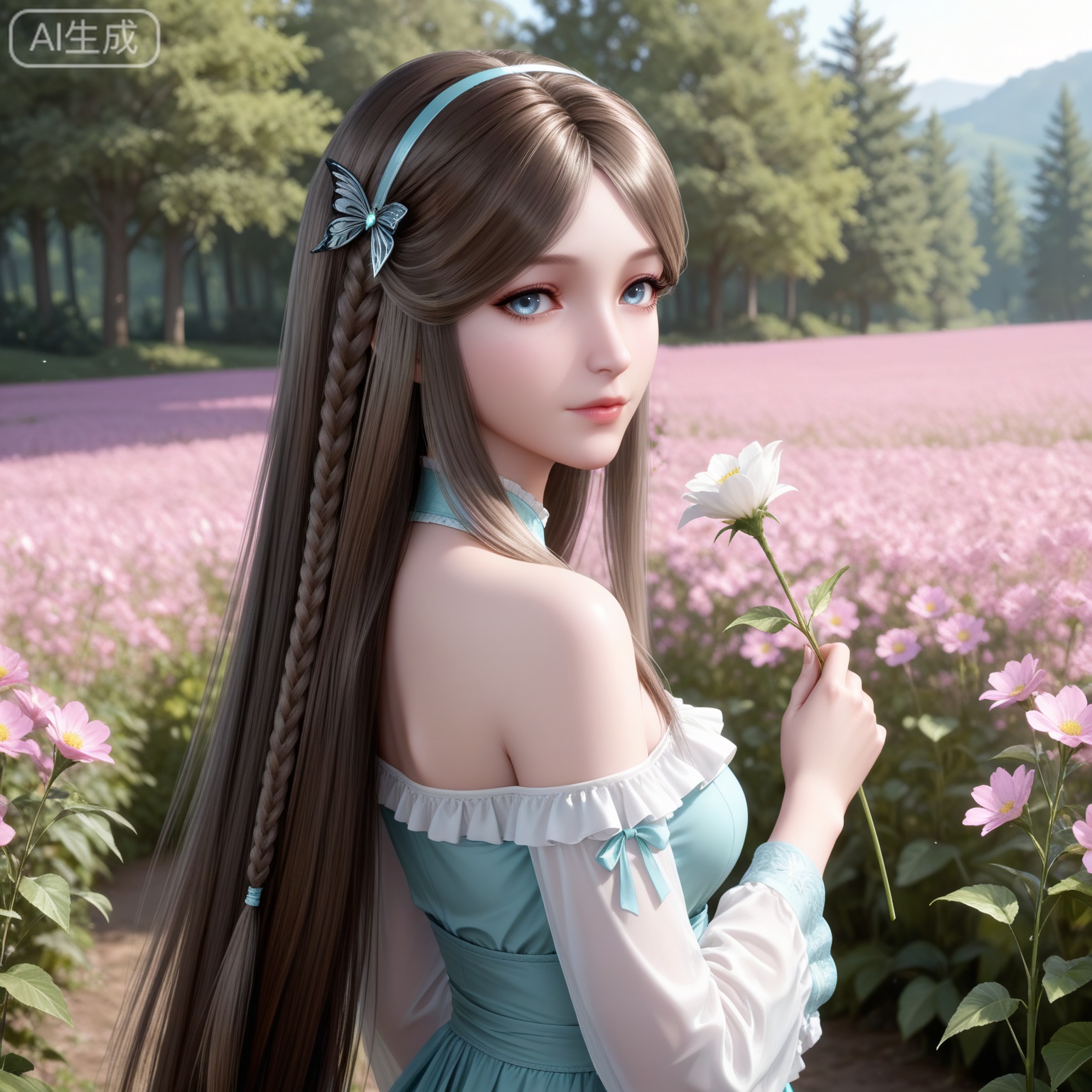 lvjing,
masterpiece,high quality,tall,game cg,highres,(soft light:1.2),white_skin,(shiny_skin:0.6),(realistic:1.1),,ningrongrong,1girl,brown hair,long hair,braid,blue eyes,hair ornament,lips,eyelashes,butterfly hair ornament,hairband,looking at viewer,long sleeves,nature,flowers,standing,from side,holding flower,flower field,layered dress,bare shoulders,frills,day,(upper_body:1.1),







