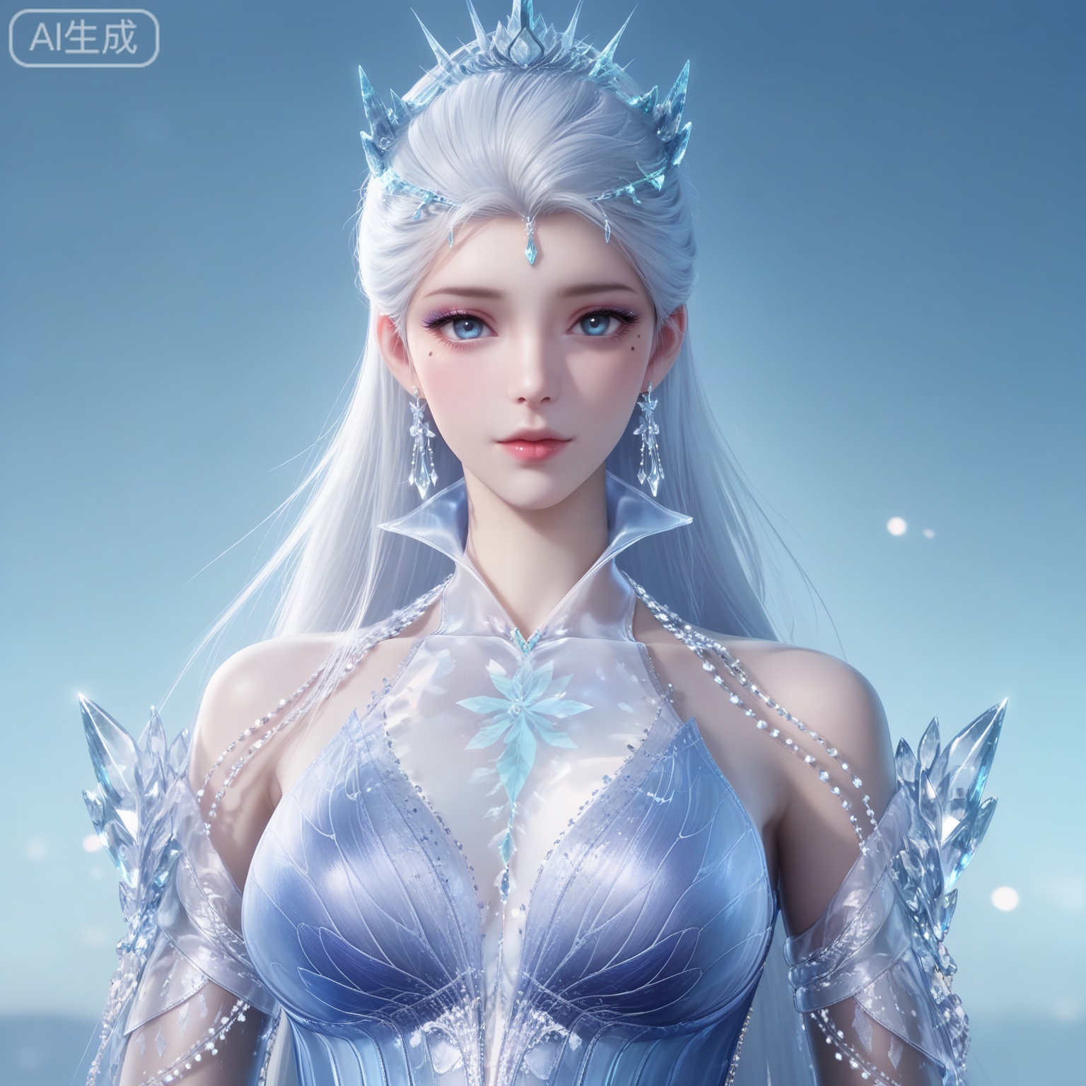 lvjing,
masterpiece,high quality,tall,game cg,highres,(soft light:1.2),white_skin,(realistic:1.1),1girl,solo,jewelry,long hair,blue eyes,blue dress,looking at viewer,earrings,dress,upper body,breasts,white hair,blue background,mole,bare shoulders,gem,tiara,bracelet,mole under eye,ice,hair ornament,crystal,ring,makeup,long face,xuedi