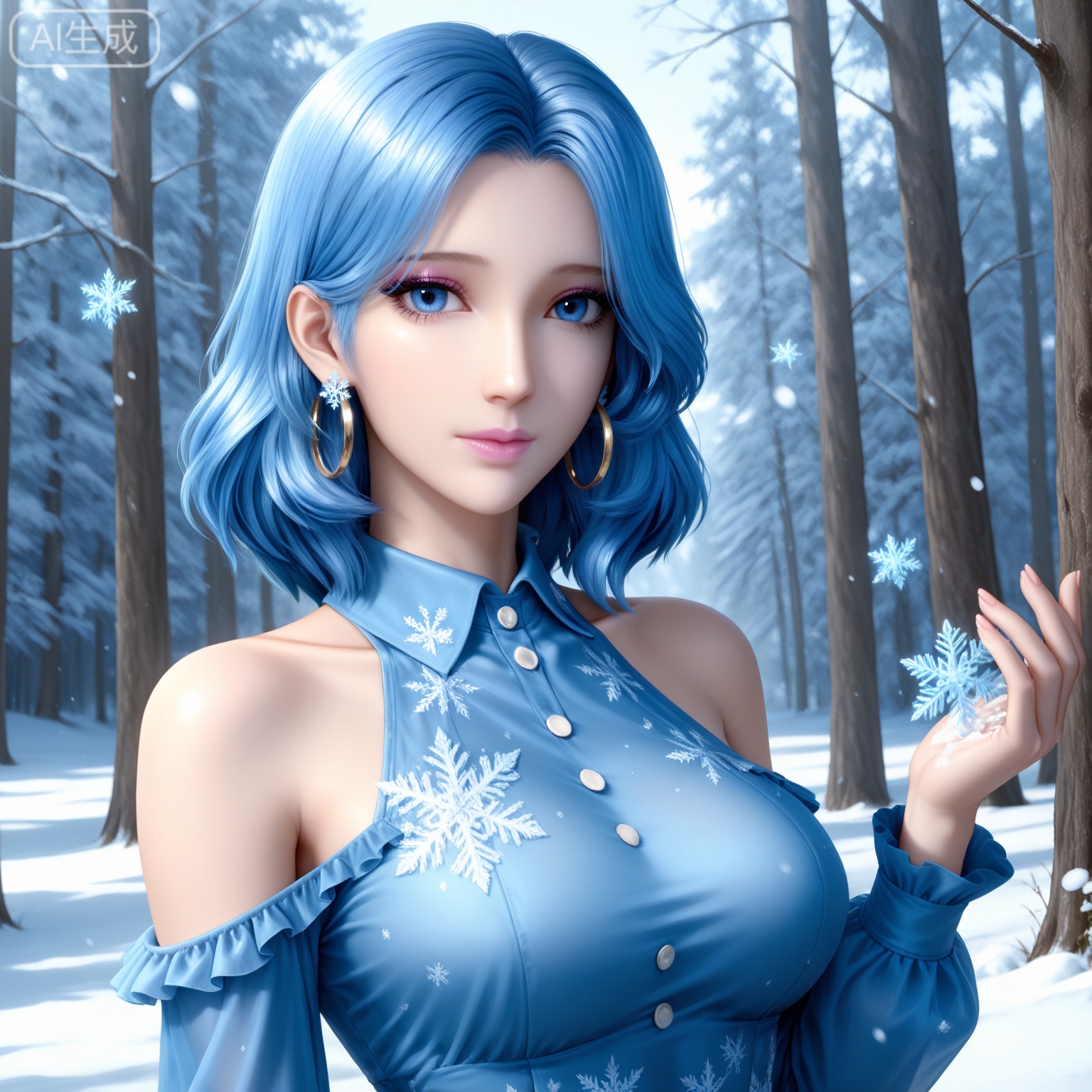 lvjing,
masterpiece,high quality,tall,game cg,highres,(soft light:1.2),white_skin,(shiny_skin:0.6),(realistic:1.1),,shuiyueer,blue eyes,blue hair,short hair,eyelashes,earrings,longeyelashes,makeup,pink lipstick,looking at viewer,long sleeves,nature,flowers,day,1girl,solo,dress,large breasts,earrings,jewelry,long hair,(upper_body:1.2),looking at viewer,hoop earrings,(collared_dress:1.1),bare shoulders,frills,short dress,print_dress,blue dress,winter,sonw,snow,ice,snowflakes,snowfakes floating on the hand,


