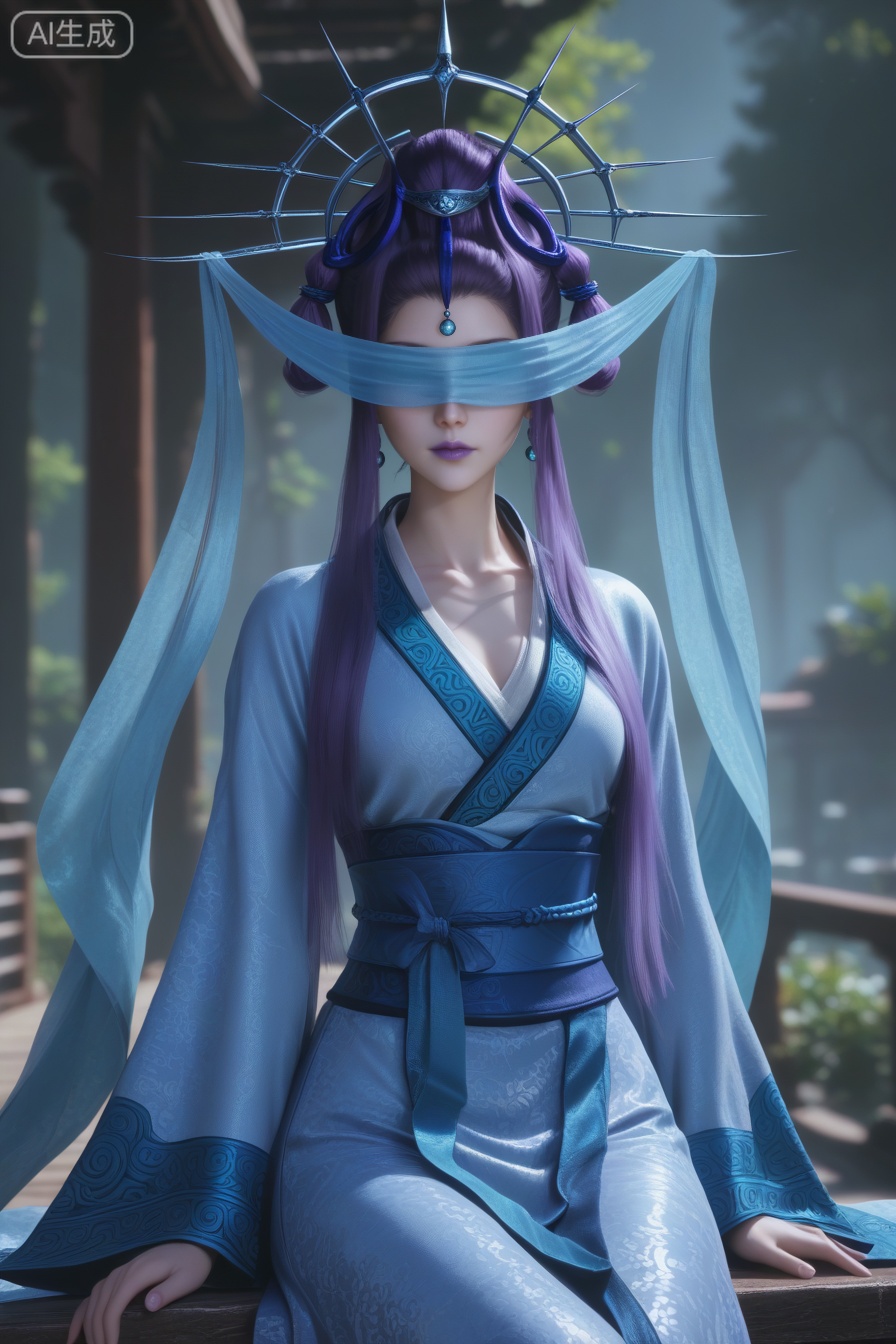 score_9, score_8_up, score_7_up, masterpiece, best quality, highres, ultra-detailed, sharp focus, perfect lighting, CG render, Unity-style, 8K wallpaper, physically-based rendering, flawless skin, realistic shading, realistic anatomy, 
1girl, solo, 
sitting,long hair,hair ornament,long sleeves,hair bun,jewelry,earrings,wide sleeves,veil,sidelocks,outdoors,hanfu,halo,hat,hair stick,makeup,purple lips,sash,lipstick,hair rings,robe,covered eyes, 