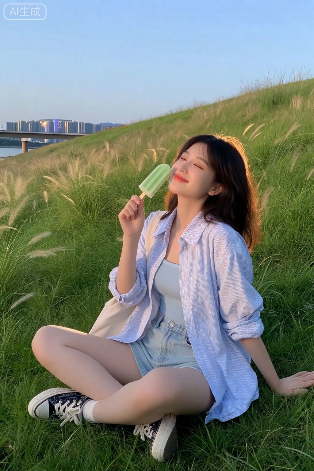 【场景】初夏傍晚,河堤斜坡狗尾草被风吹出波浪,远处城市天际线亮起第一排霓虹【人物】18岁黑茶微卷少女,宽松白蓝竖纹衬衫半塞浅牛仔A字短裙,帆布鞋,帆布单肩包铺开在草上【表情/动作】盘腿坐草地,左手拿未拆封青提冰棒贴脸降温,右手向后撑地,仰头眯眼笑【妆容】雾面裸肌+蜜桃高光,睫毛微翘无眼线,水润珊瑚橘唇釉【相机】Sony A7C + 85 mm f/1.8,f/1.8 1/1250 ISO100,站立俯拍30°
【光影】金时刻侧逆光,夕阳光穿过发梢形成柔光晕,草叶边缘暖亮,阴影带淡青绿【构图】人物置右下三分,狗尾草形成对角线向左上,天空留白25%,远处桥影虚化增添层次
