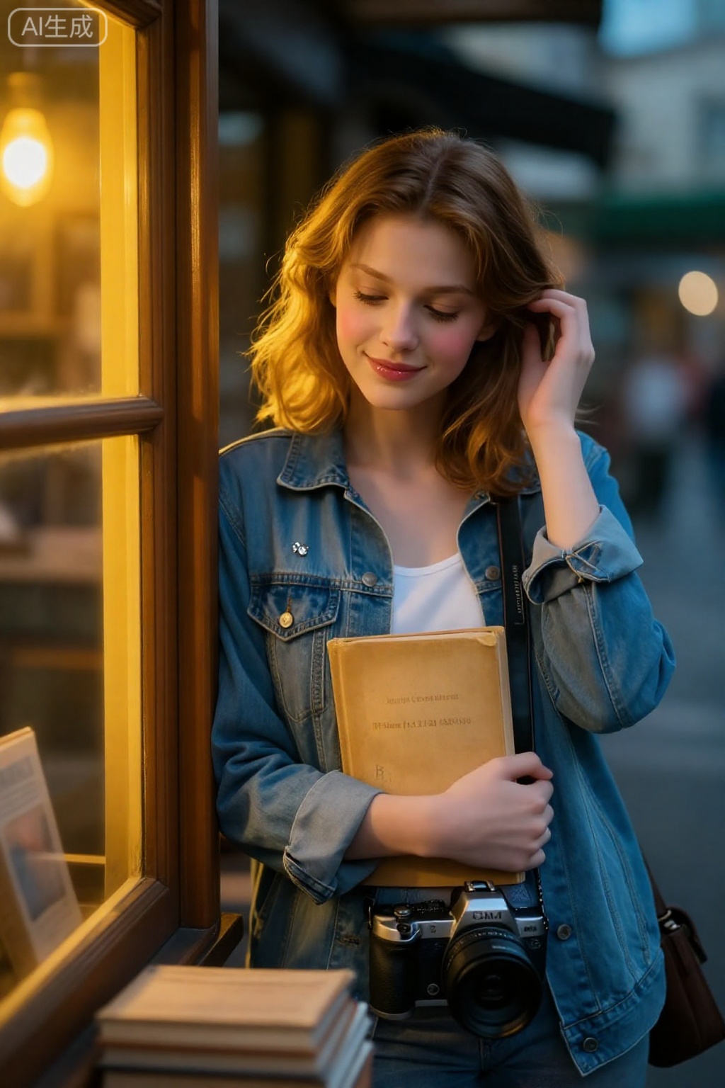 【场景】暮春傍晚,旧书店门口,木质橱窗透出暖黄灯泡光【人物】20岁栗色微卷少女,雾蓝牛仔外套内搭白吊带,胸口挂一枚旧相机胸针【表情/动作】半身倚门框,左手抱旧硬皮小说贴胸口,右手轻挽耳侧碎发,低头浅笑【妆容】哑光裸肌+淡粉腮红,水润玫瑰唇蜜【相机】Canon R5+RF85mm f/1.2,f/1.4 1/320 ISO160,站立平拍【光影】橱窗暖光作主光,右侧夕阳轮廓光勾发丝金边,背景虚化暖黄与冷青对撞【构图】胸口以上占画面2/3,门框内侧形成暗框,人物置中心微偏右,前景一片虚化的泛黄书页增添层次