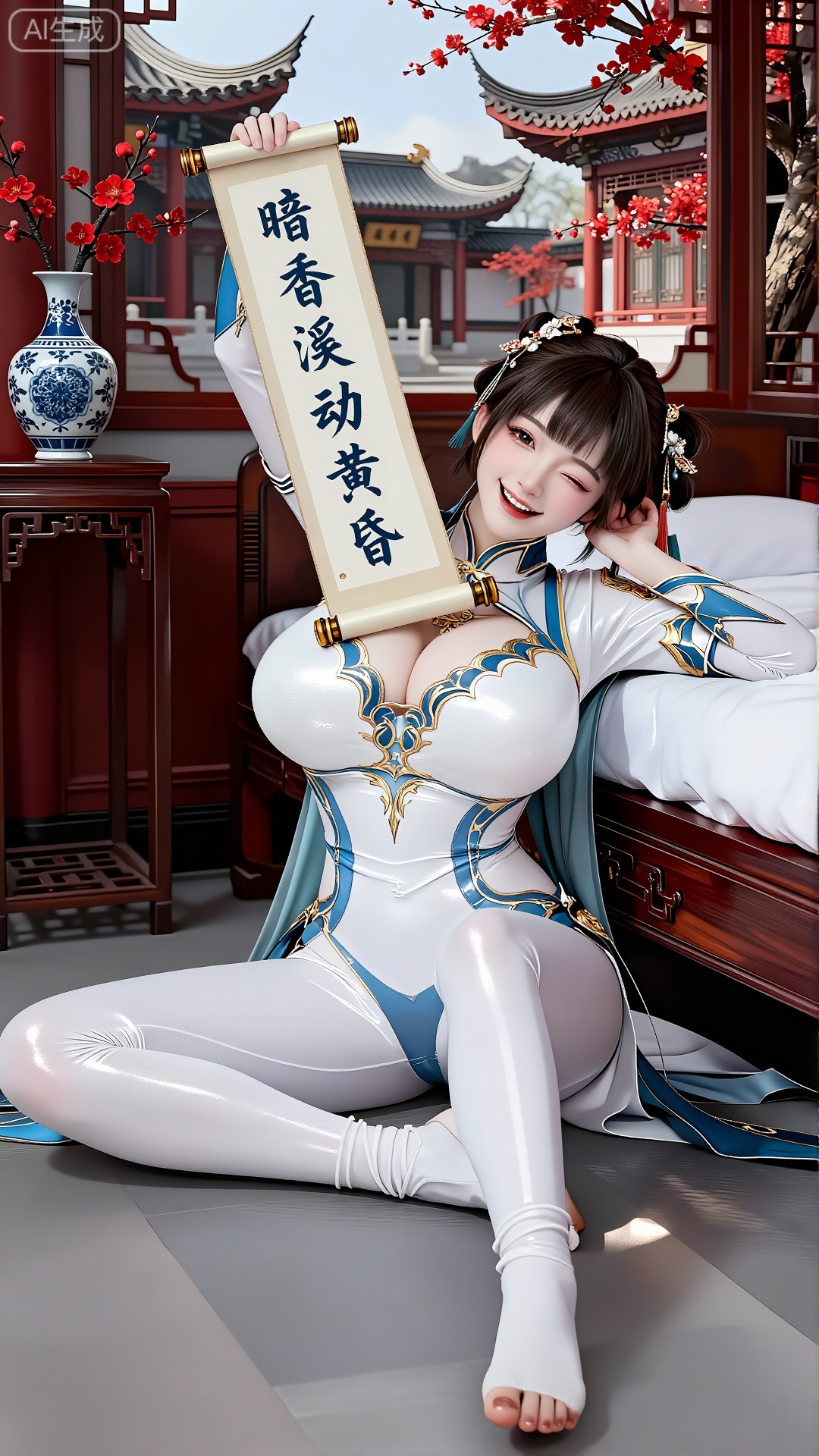 融合国风元素。人物造型精致。她穿着,  白紧身,  “一件紧身、闪亮的白色和蓝色华丽连体衣 on Tensor.Art