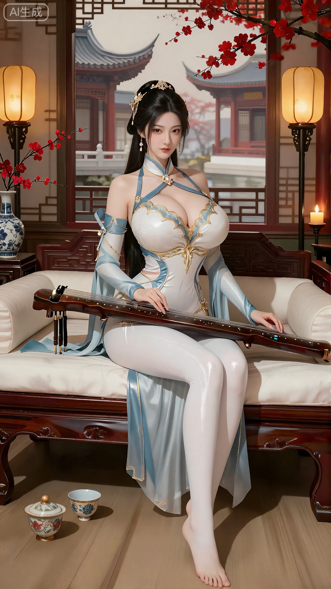 使用厚涂和晕染技法,  融合国风元素。人物造型精致。女子动作优雅温柔。她穿着,  一件紧身、闪亮的白色和蓝色华丽连体衣 on Tensor.Art