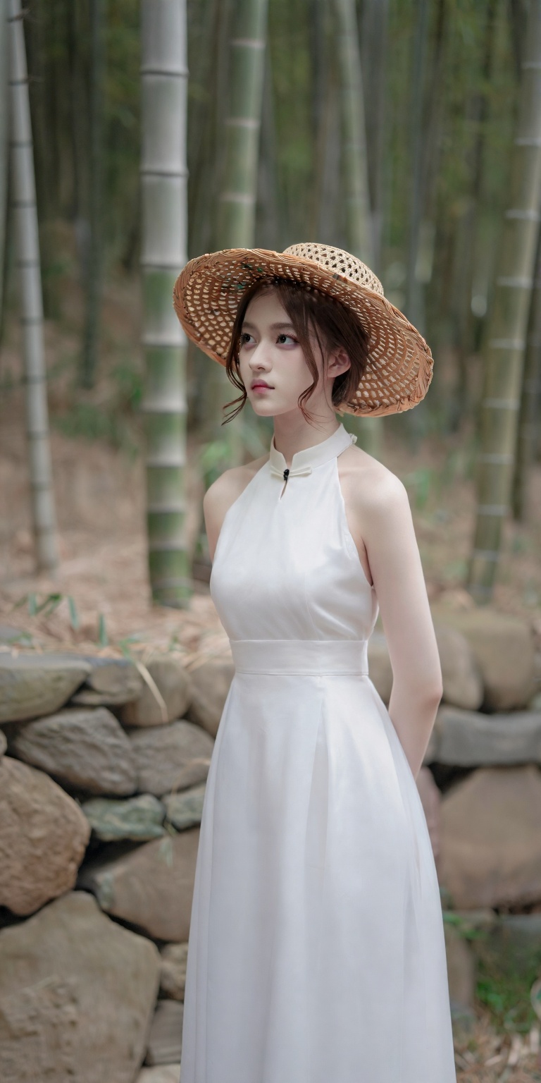djm_up,  a young woman standing in a bamboo forest. She is wearing a white dress with a halter neckline and a wide-brimmed...