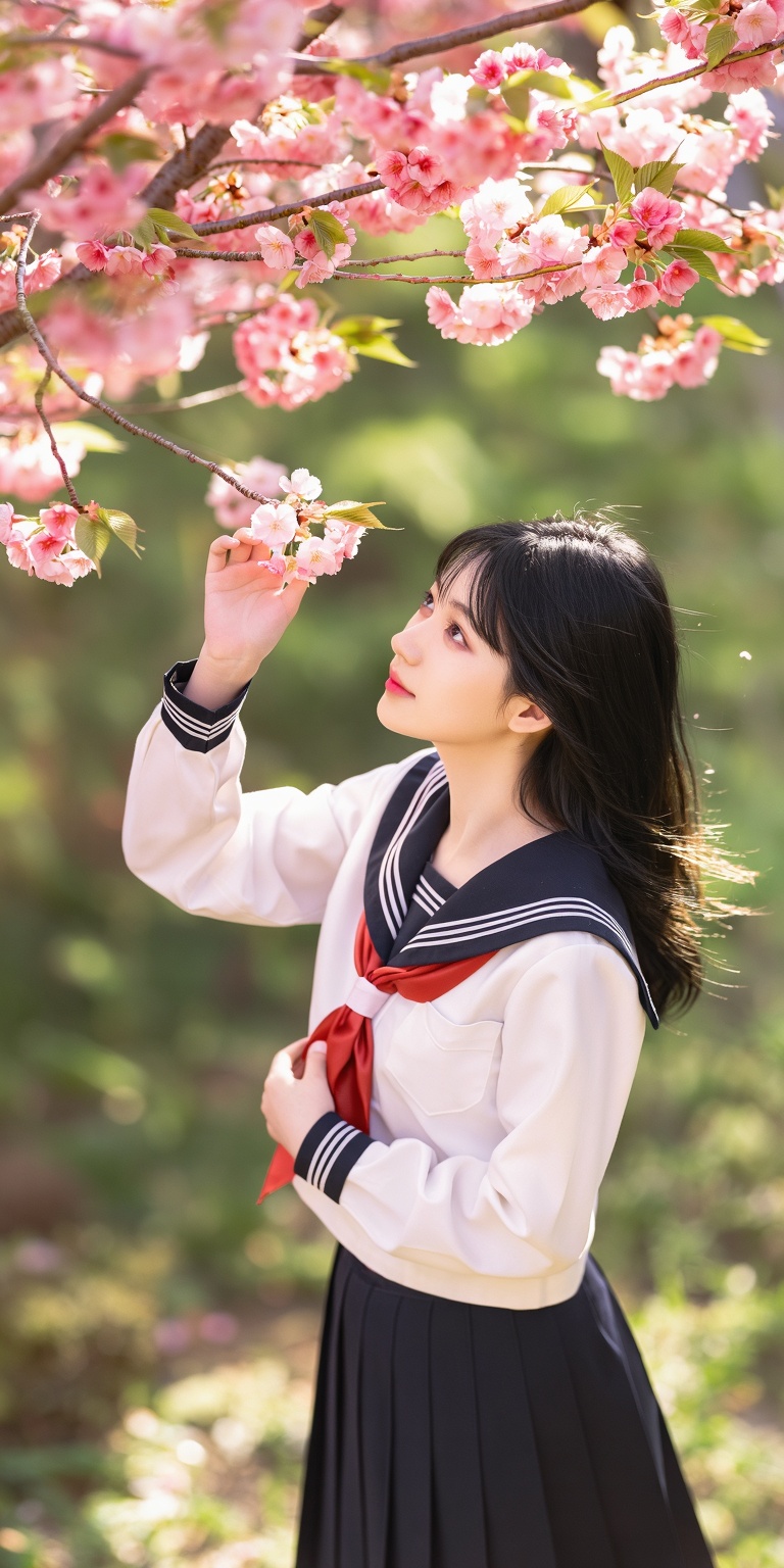 djm_up,  A serene scene unfolds: a single girl with jet-black hair and a sailor collar stands alone under the blooming che...
