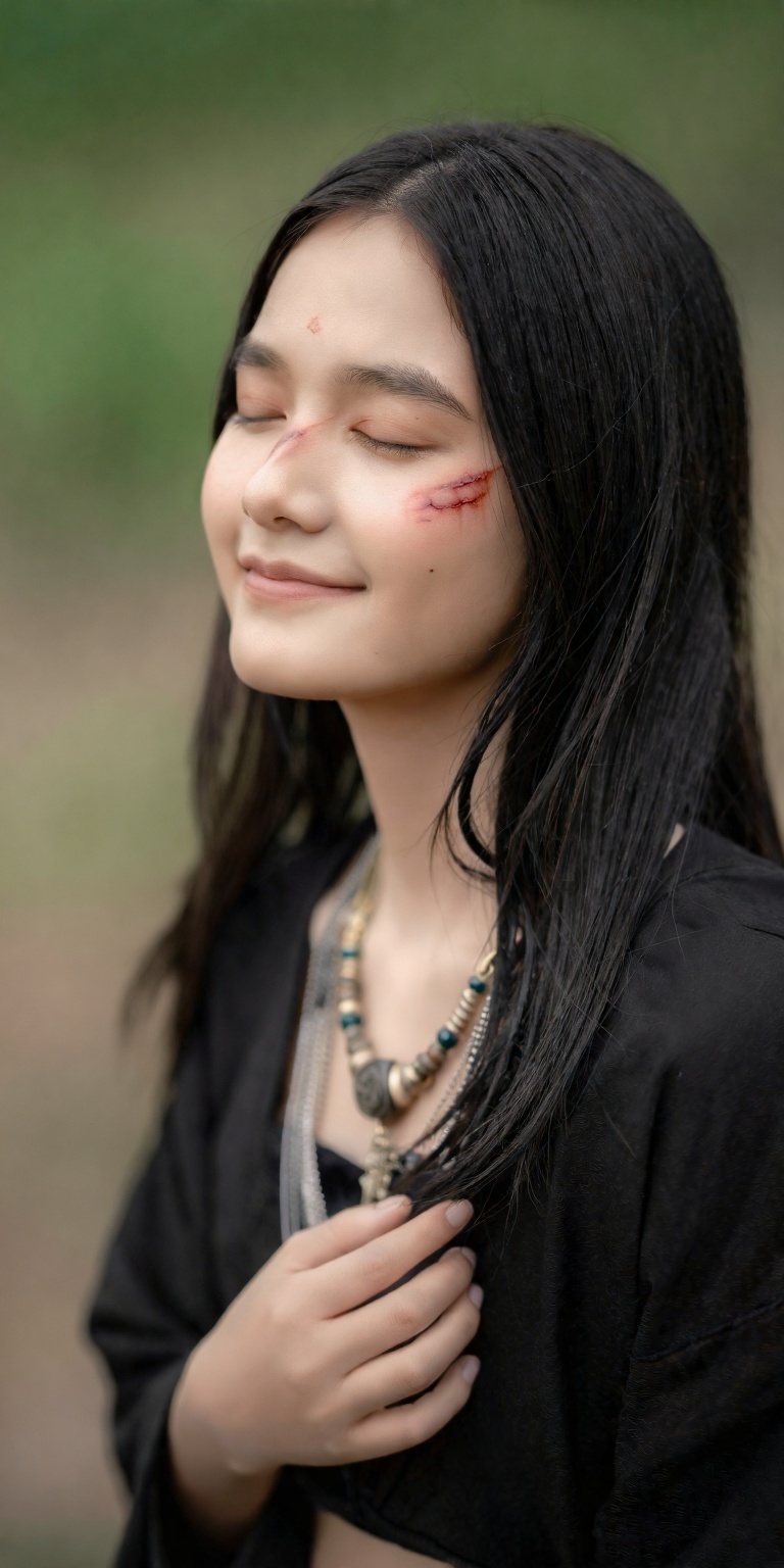a solo girl with long,  black hair and a scar on her face. She has a closed mouth but is smiling,  and wears a black shirt...