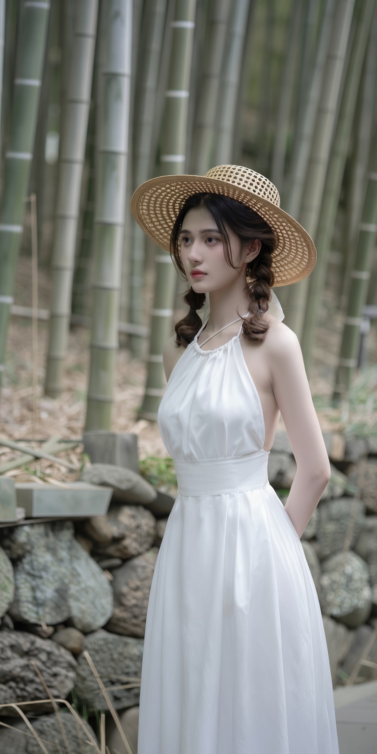 djm_up,  a young woman standing in a bamboo forest. She is wearing a white dress with a halter neckline and a wide-brimmed...