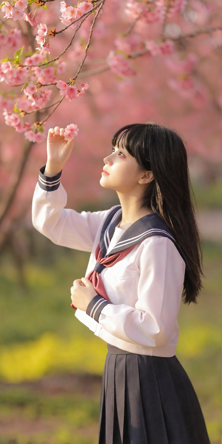 djm_up,  A serene scene unfolds: a single girl with jet-black hair and a sailor collar stands alone under the blooming che...