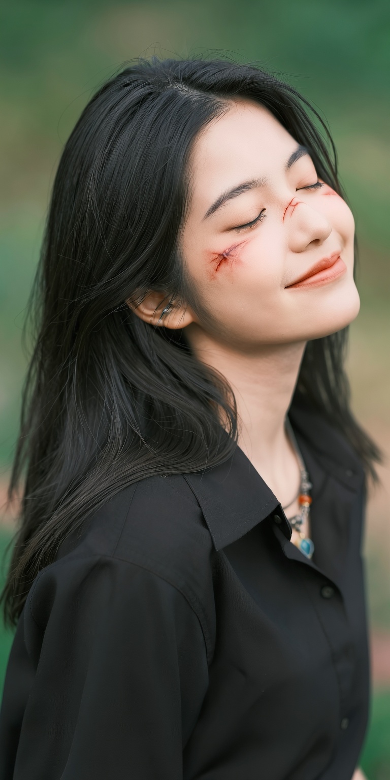 a solo girl with long,  black hair and a scar on her face. She has a closed mouth but is smiling,  and wears a black shirt...