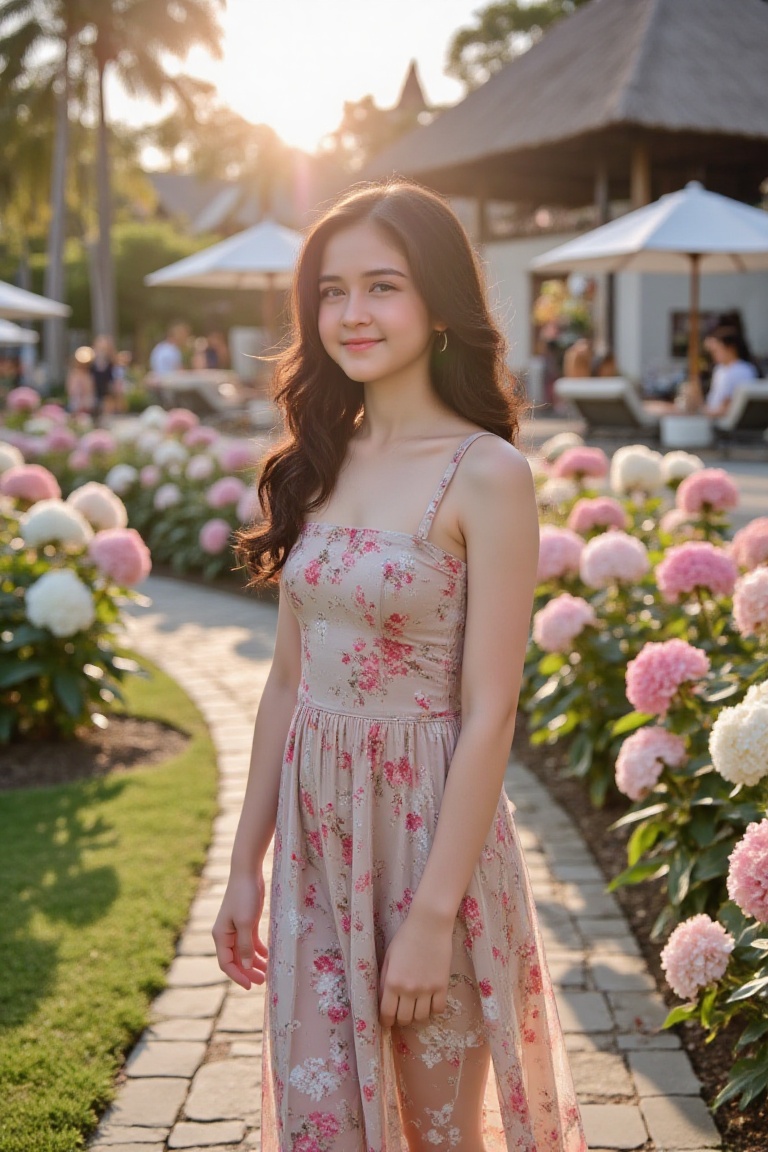 Professional full body portrait photography of a radiant 15-year-old Indonesian girl with long wavy hair. She is walking a...