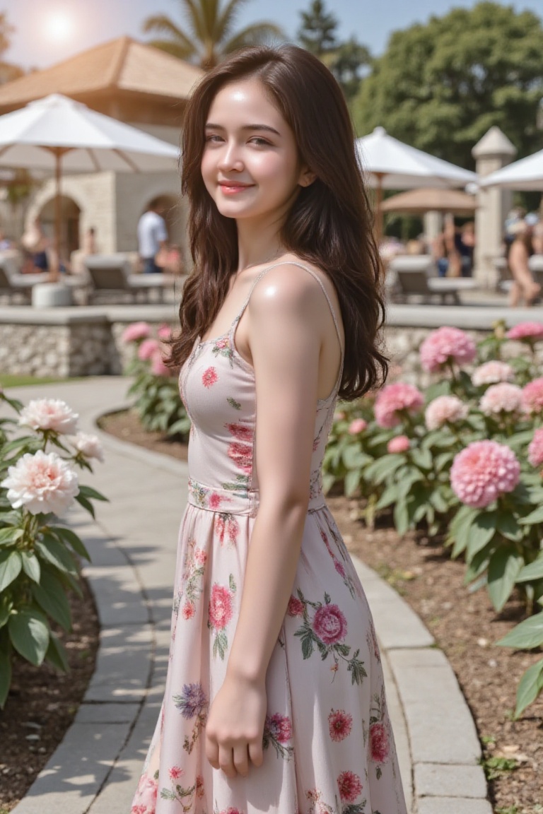 Professional full body portrait photography of a radiant 15-year-old Indonesian girl with long wavy hair. She is walking a...