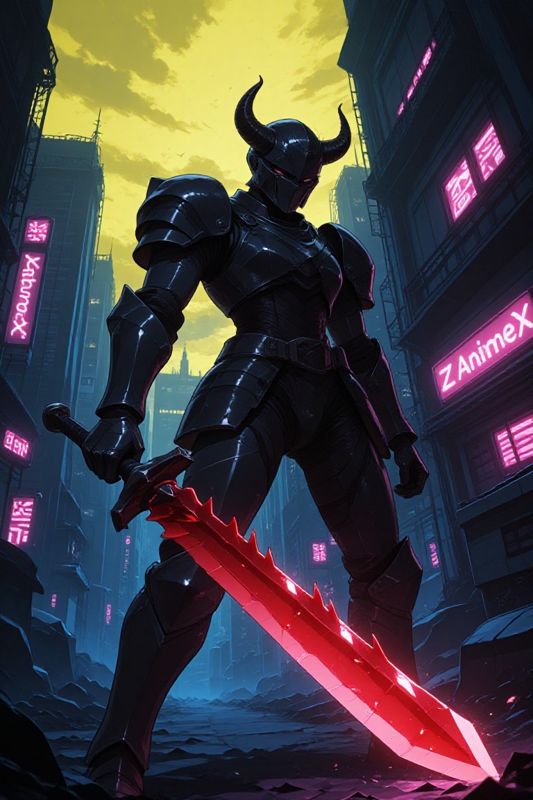 Anime,  Anime Style,  a dark fantasy scene with a figure clad in black armor on Tensor.Art