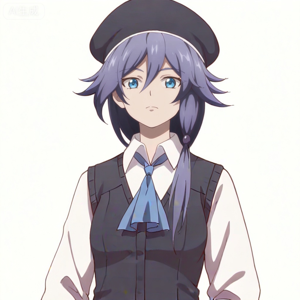 masterpiece, best quality,solo,((white background:1.2)),simple background,, 
looking at viewer,anime_style,fu_hua,blue eyes,grey hair,hair ornament,hair between eyes,shirt,white shirt,collared shirt,hat,skirt,beret,vest,blue necktie,