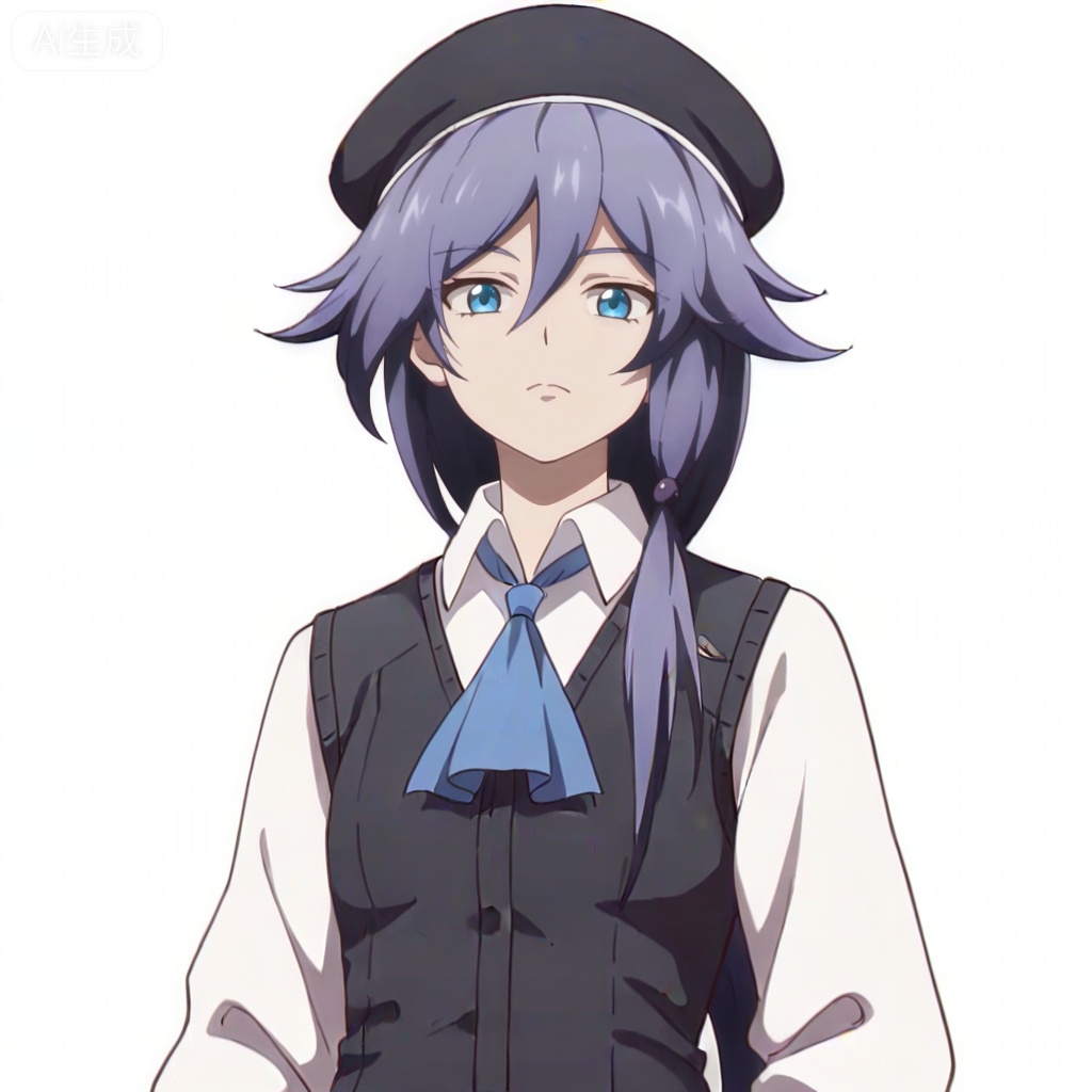 masterpiece, best quality,solo,((white background:1.2)),simple background,, 
looking at viewer,anime_style,fu_hua,blue eyes,grey hair,hair ornament,hair between eyes,shirt,white shirt,collared shirt,hat,skirt,beret,vest,blue necktie,
