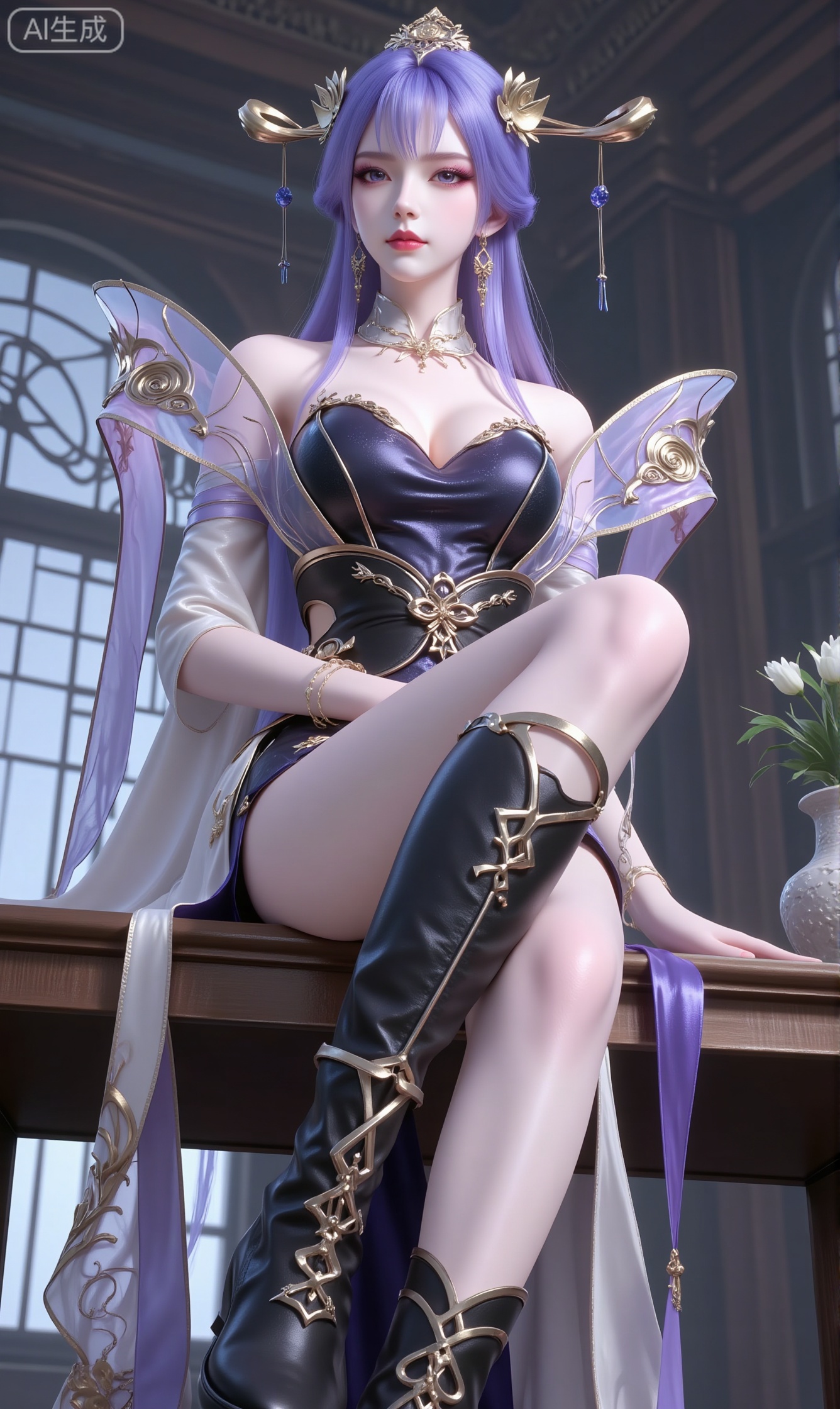 masterpiece, best quality, 8k, ultra-detailed, full body, 1girl, solo, long hair, breasts, looking at viewer, hair ornament, dress, cleavage, bare shoulders, jewelry, sitting, purple eyes, purple hair, earrings, boots, black high-top leather boots,indoors,feet out of frame, legs up,TQ1,huaxiangr
