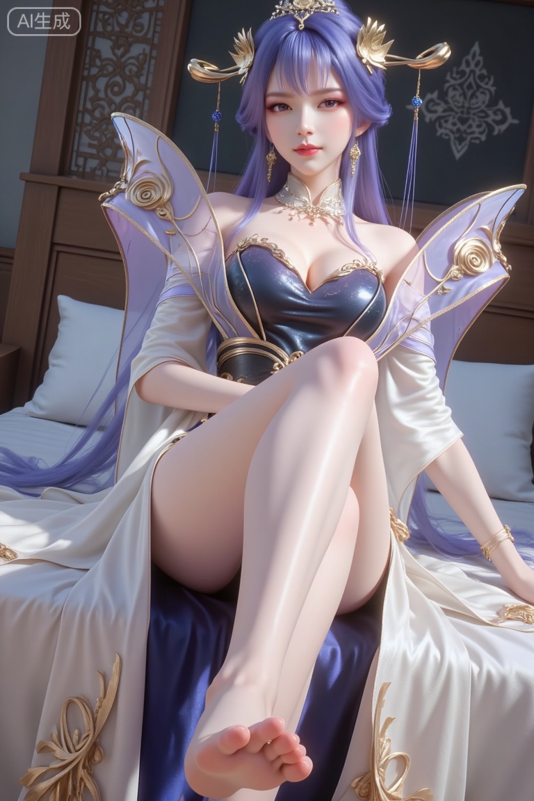 masterpiece, best quality, 8k, ultra-detailed, full body, 1girl, long hair, breasts, looking at viewer, blush, open mouth, large breasts, dress, thighhighs, jewelry, sitting, purple hair, earrings, barefoot, solo focus, indoors,  lips, feet, toes, bed, on bed, soles, fairy wings,feet out of frame, legs up,TQ1,huaxiangr