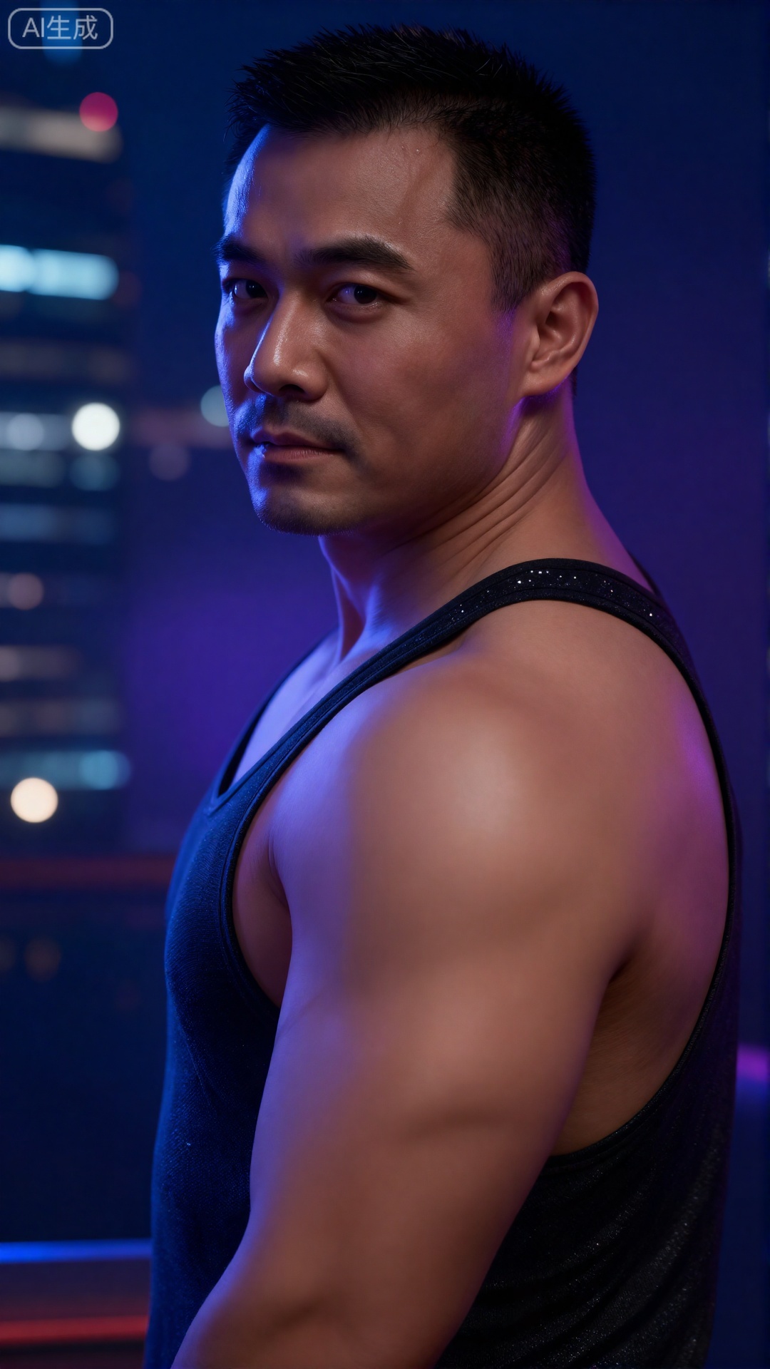 一个中年男人,有一张硬朗、阳刚的脸和整洁的短发。他赤膊上阵,肌肉被脂肪覆盖,但身体紧绷,肌肉线条有力,置身于迷幻的蓝色与紫色霓虹灯光中,他正回眸凝视镜头,眼神充满故事感,他身着带有亮片的黑色吊带背心,脸上的汗滴被风吹起,背景是虚化的都市夜景与闪烁的灯光,摄影,照片级真实,人像模式,焦距85mm,光圈f/1.4,ISO 400,背景光斑如奶油般化开,极致细节,4K壁纸,电影感光影,