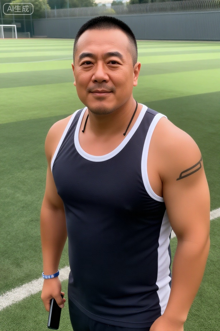 DYWH,Chen Jianbin, a 43-year-old middle-aged man, has a calm temperament and a sense of strength. He has a short buzzcut, stubble on his face, deep eyes, and a few fine lines appearing at the corners of his eyes when he smiles. The body type belongs to the fat-packed muscle type. Although the muscle lines are covered with fat, they still look strong. There is a black abstract line tattoo on his right arm.

Wearing a dark gray and white sports vest with a black thong, a blue and white sports bracelet on his left wrist, and a black mobile phone in his right hand.

Standing beside the outdoor football field, the background is a green basketball court and a gray barbed wire fence. The sun shines down, creating mottled light and shadow on the ground.