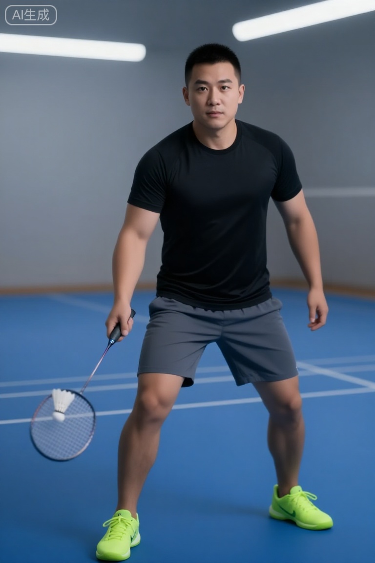 DYWH,A male with neat short hair, featuring a rounded facial contour, a full and smooth forehead, and thick, neatly-shaped eyebrows that exude a steady aura. His eyes are bright and sharp, with a calm and composed gaze, and the corners of his mouth are slightly upturned, radiating a friendly and approachable temperament. He has a strong, solid build, and his calm, confident demeanor fully embodies a down-to-earth and reliable vibe.He is in an indoor badminton court, holding a badminton racket in a striking posture— a white shuttlecock hovers beside him, with a dynamic trail trailing behind it. He’s dressed in a black short-sleeved sports top, gray athletic shorts, and bright neon green sports shoes. The background consists of a blue court with white markings, paired with light gray walls; bright indoor lights spread evenly, highlighting his relaxed sports posture while making the details of his expression and the clear texture of the court more vivid.