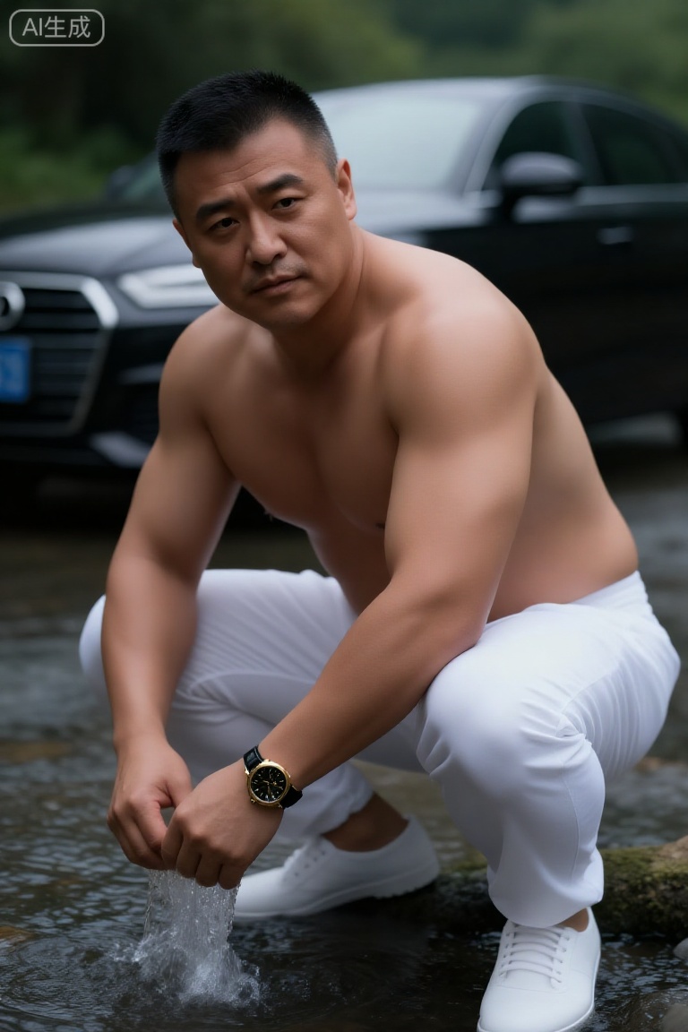 DYWH,A middle-aged man with a tough, masculine face and neat short hair. He is shirtless, with a muscle-covered-by-fat yet tight body, and powerful muscle lines. Wearing white casual pants, white shoes, and a watch with a black dial and golden frame on his left wrist. He squats in the stream, playing with water, with a black Audi parked behind and lush greenery around.