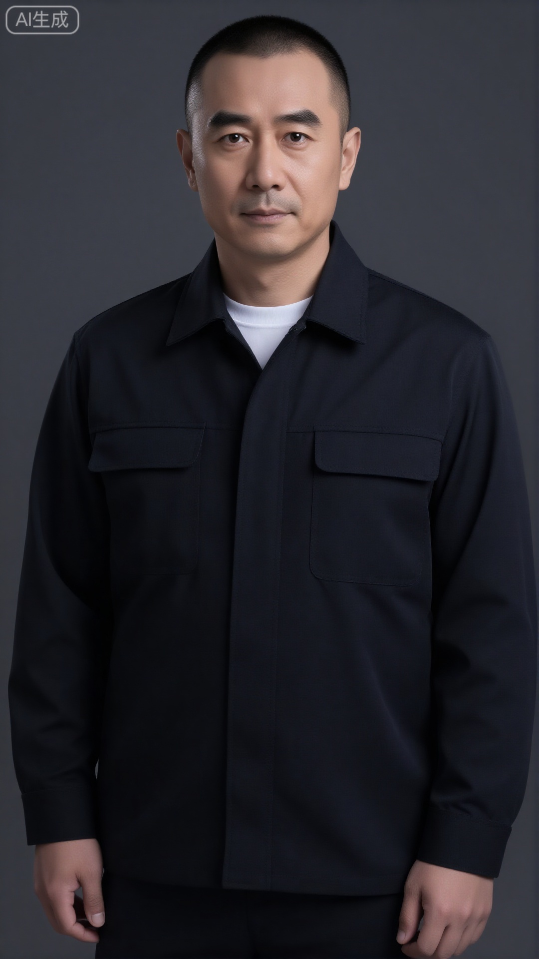DYWH, a 30-year-old middle-aged man with short hair, well-defined facial features, three-dimensional eyebrows, firm and sharp eyes, clear and angular jawline, a masculine and tough temperament, and a calm aura; wearing a black simple work jacket/white cotton bottoming shirt, with straight shoulder lines and an elegant posture Upright (standing straight and not stiff, hands hanging naturally or in pockets); the background is an industrial style solid color background (dark gray/cement color), side light outlines muscle lines and facial contours, high contrast, delicate texture, 8K high definition, full of details (stubble texture, clothing folds are clearly visible)