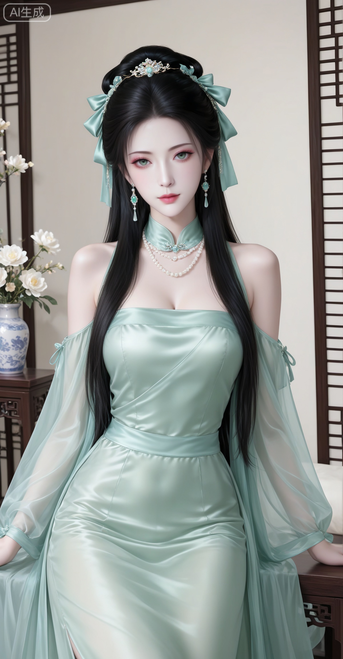lvjing,nangongwan,
masterpiece,high quality,tall,game cg,highres,(soft light:1.2),white_skin,(realistic:1.1),1girl, solo, jewelry, earrings, black hair, long hair, necklace, realistic, bow, dress, looking at viewer, white background, hair bow, upper body, simple background, green dress, pearl necklace, green bow, breasts, cleavage, ribbon, makeup, hair ribbon, bare shoulders