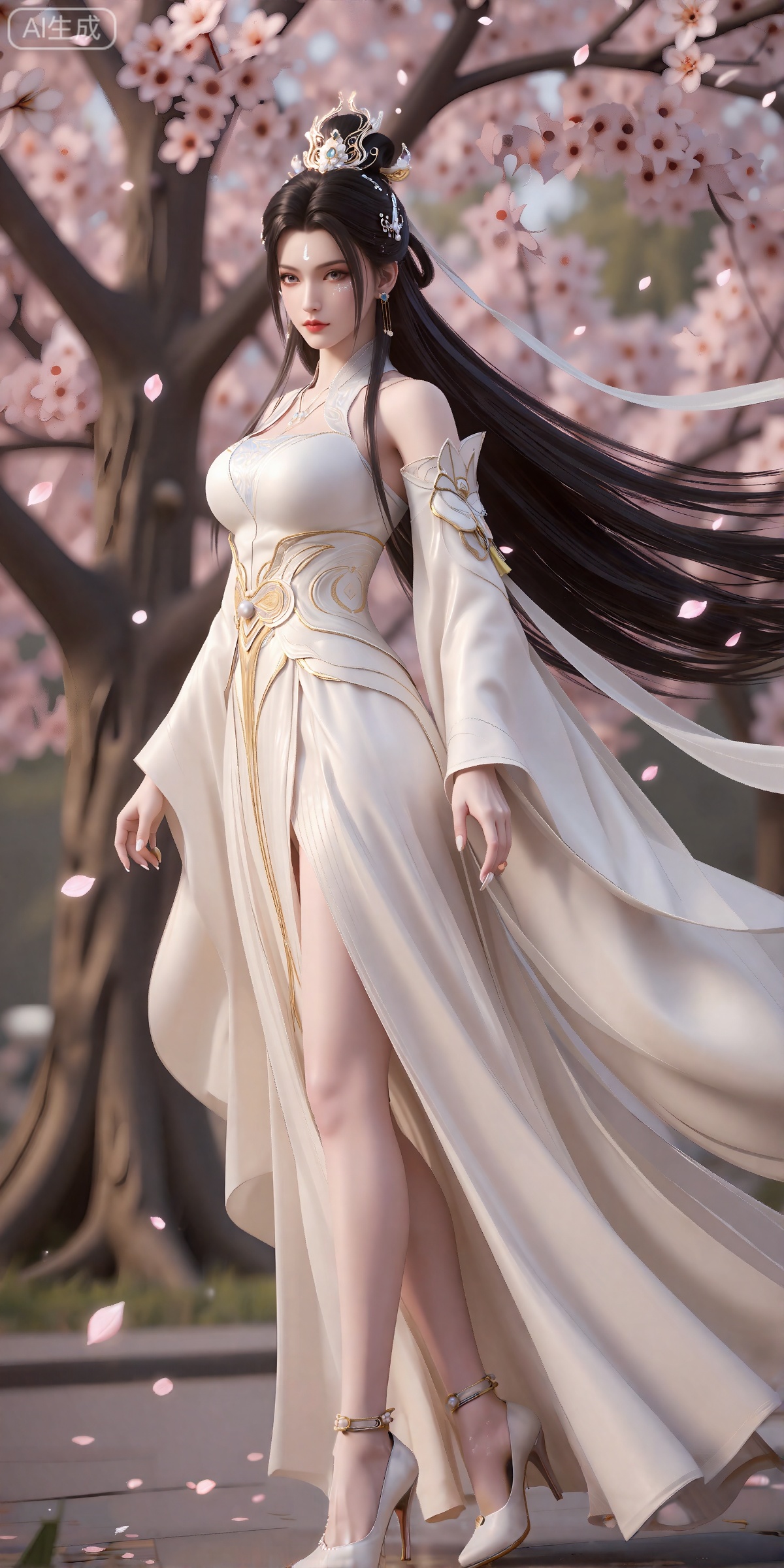 luxueqi,lvjing,
她有着黑色的长发,有着高高的发髻,发髻上有着镶嵌着宝石的精美发饰,画着淡妆,灰色的眼睛下面有闪耀着淡淡光芒的光粉,浅红色的口红,眉心有着一个酷似月牙的白色印记,肌肤胜雪,白里透红,
 她穿着一件乳白色的汉服,衣服上有着精美的花纹和金线,分离式的袖子,宽袖,赤肩,肩膀上披着飘带,修长的双腿穿着一双镶嵌着一颗珍珠的高跟鞋,她站在地上,风吹动她的头发和衣服,花瓣在空中飞舞,画面非常唯美。背景是一颗巨大的桃花树。