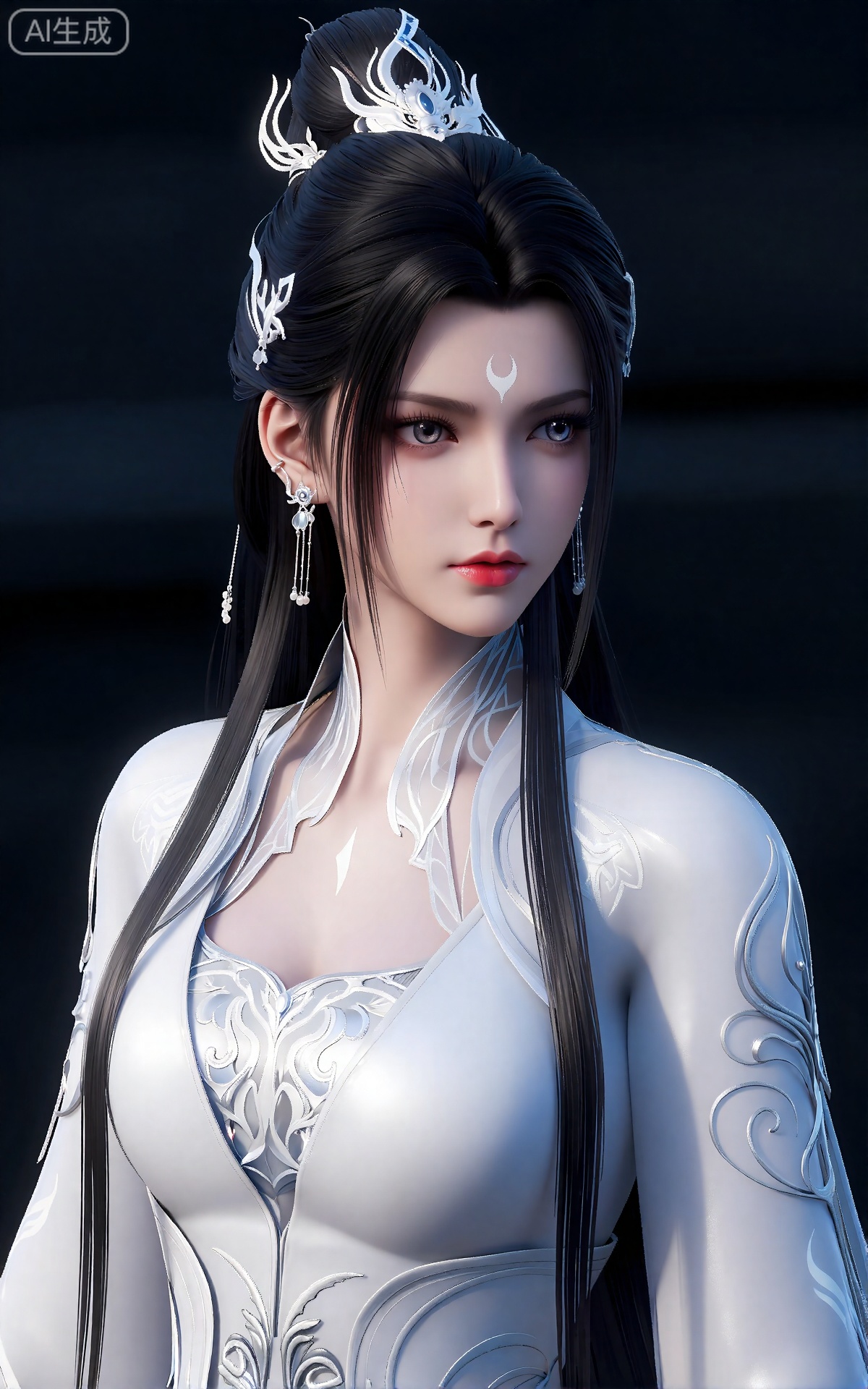 luxueqi,lvjing,
她有着黑色的长发,有着高高的发髻,发髻上有着镶嵌着宝石的精美发饰,画着淡妆,灰色的眼睛下面有闪耀着淡淡光芒的光粉,浅红色的口红,眉心有着一个酷似月牙的白色印记,肌肤胜雪,白里透红,
她穿着一件白色的、设计复杂的长袍,上面有精美的图案和纹理。这件长袍有一个高领,装饰着银色和精致的漩涡图案。长袍的前襟略微打开,露出一件白色的、华丽的内衣,上面有类似的图案。她的右肩覆盖着一个银色的护肩,设计微妙,波浪状,为她优雅的着装增添了一丝盔甲般的保护。她戴着小巧精致的银耳环。