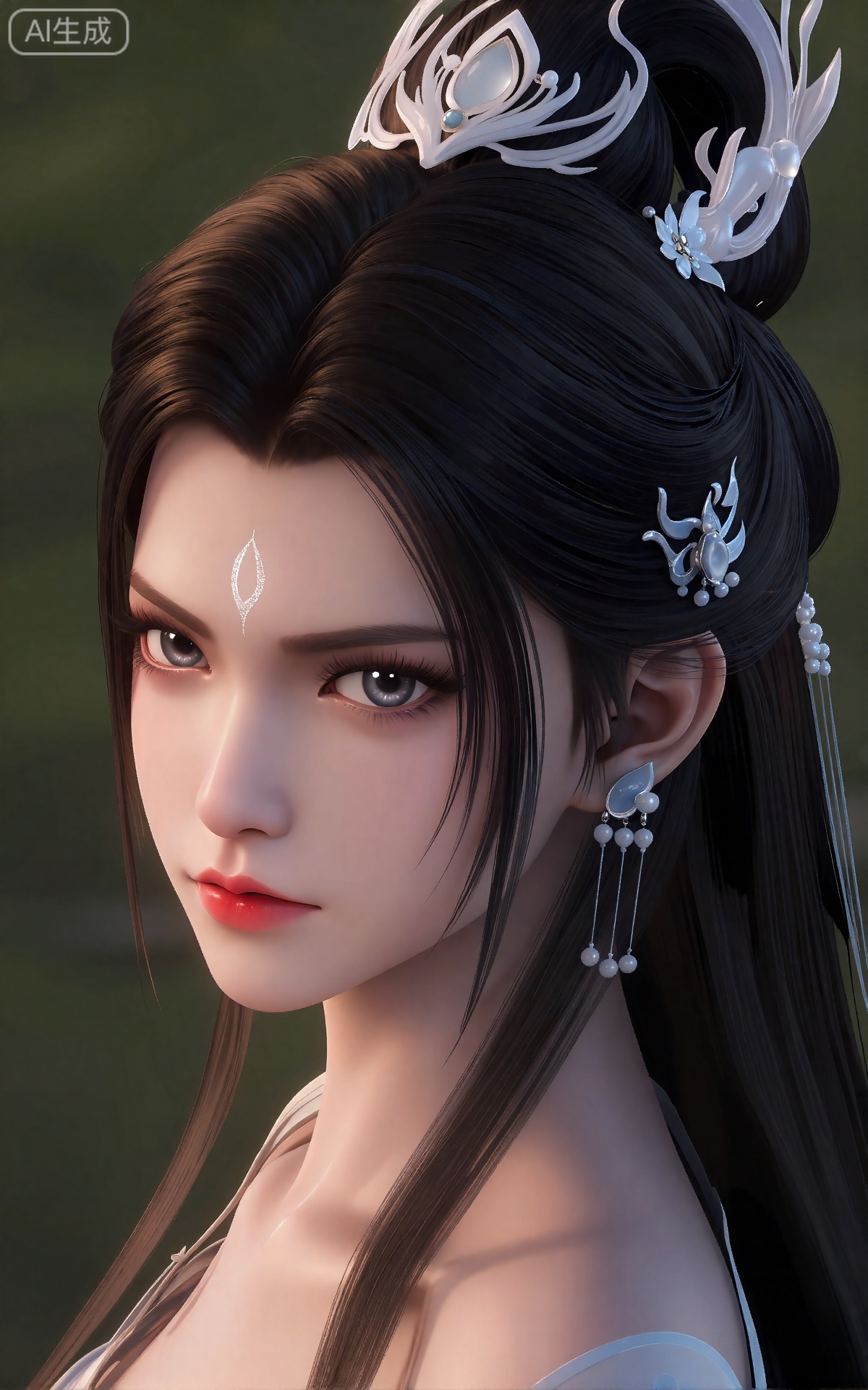 luxueqi,lvjing,
她有着黑色的长发,有着高高的发髻,发髻上有着镶嵌着宝石的精美发饰,画着淡妆,灰色的眼睛下面有闪耀着淡淡光芒的光粉,浅红色的口红,眉心有着一个酷似月牙的白色印记,肌肤胜雪,白里透红,半身像。